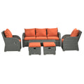 6pc Outdoor Rattan Wicker Furniture Set with 3-Seat Sofa, 2 Reclining Single Sofas, 2 Footstools & Coffee Table - Orange
