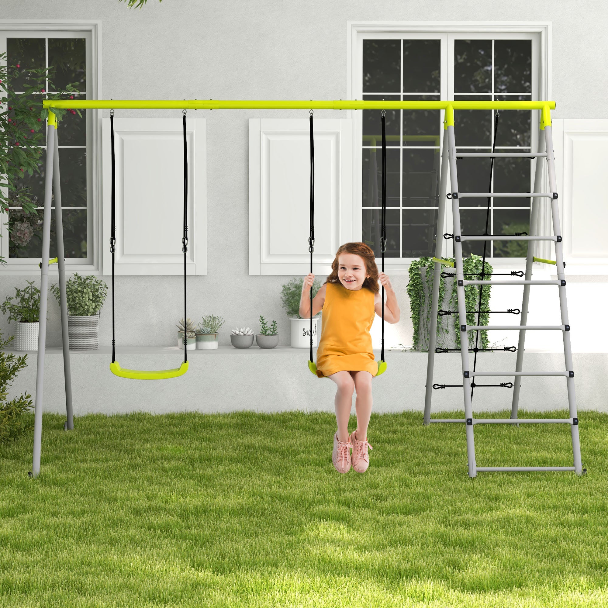 4 in 1 Metal Garden Swing Set with Double Swings Climber Climbing Net Green