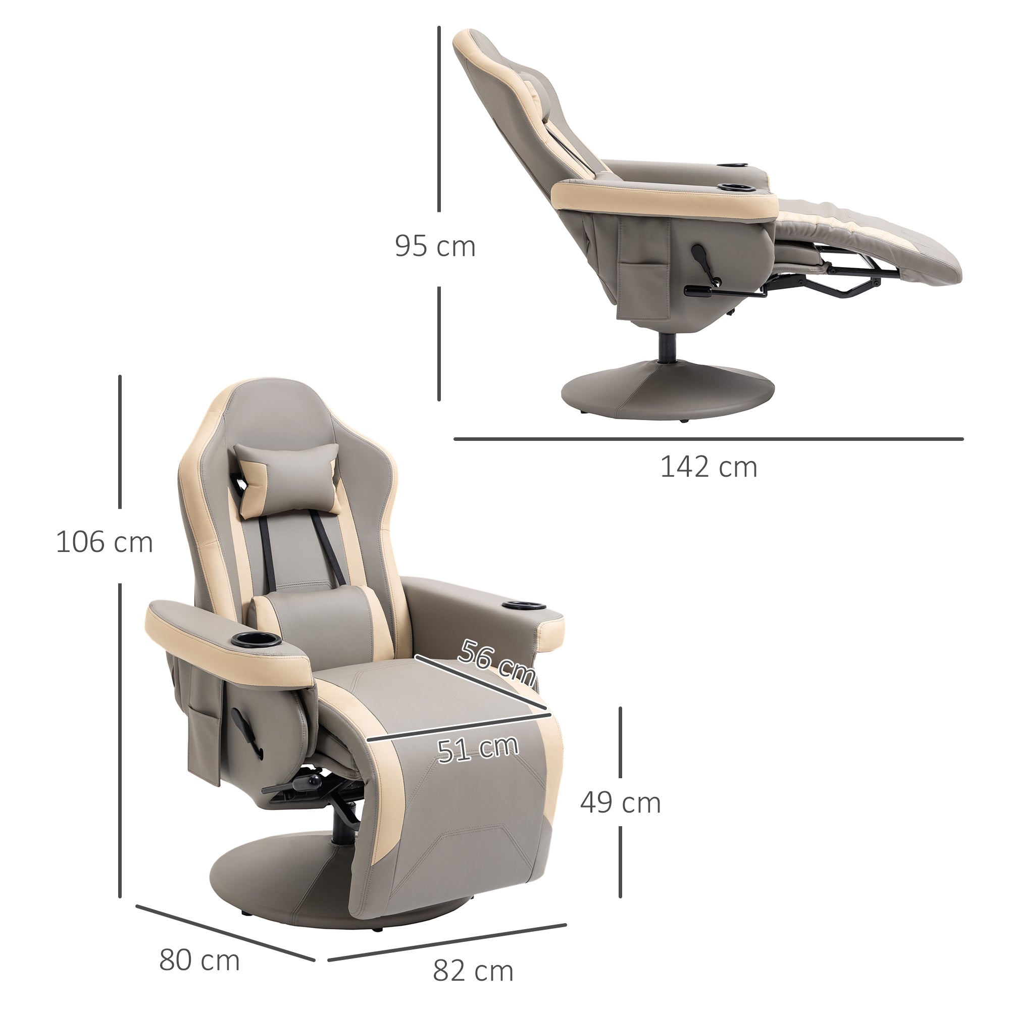 Manual Recliner Chair Armchair PU Leather Lounge Chair w/ Adjustable Leg Rest, 135° Reclining Function, 360° Swivel, Grey