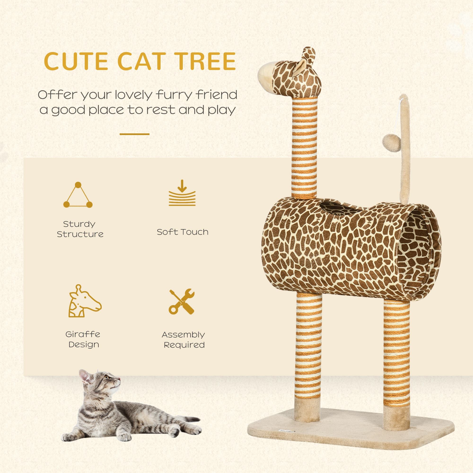 Cat Tree for Indoor Cats Cute Giraffe Kitten Play Tower with Scratching Posts Tunnel Ball Toy, 48.5 x 34.5 x 101 cm