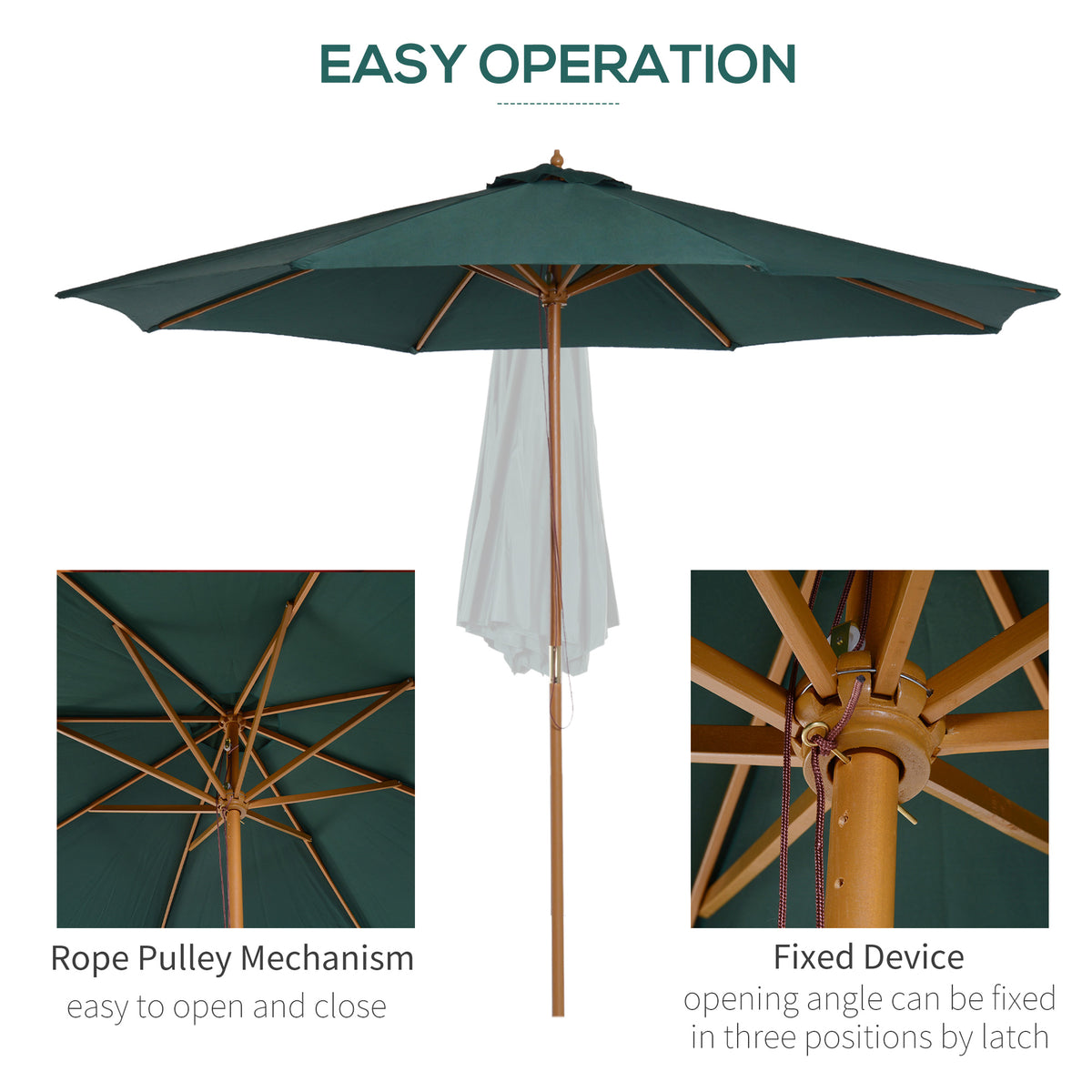 3 Metre Wooden Patio Umbrella with Pulley and Tilt Mechanism - Dark Green