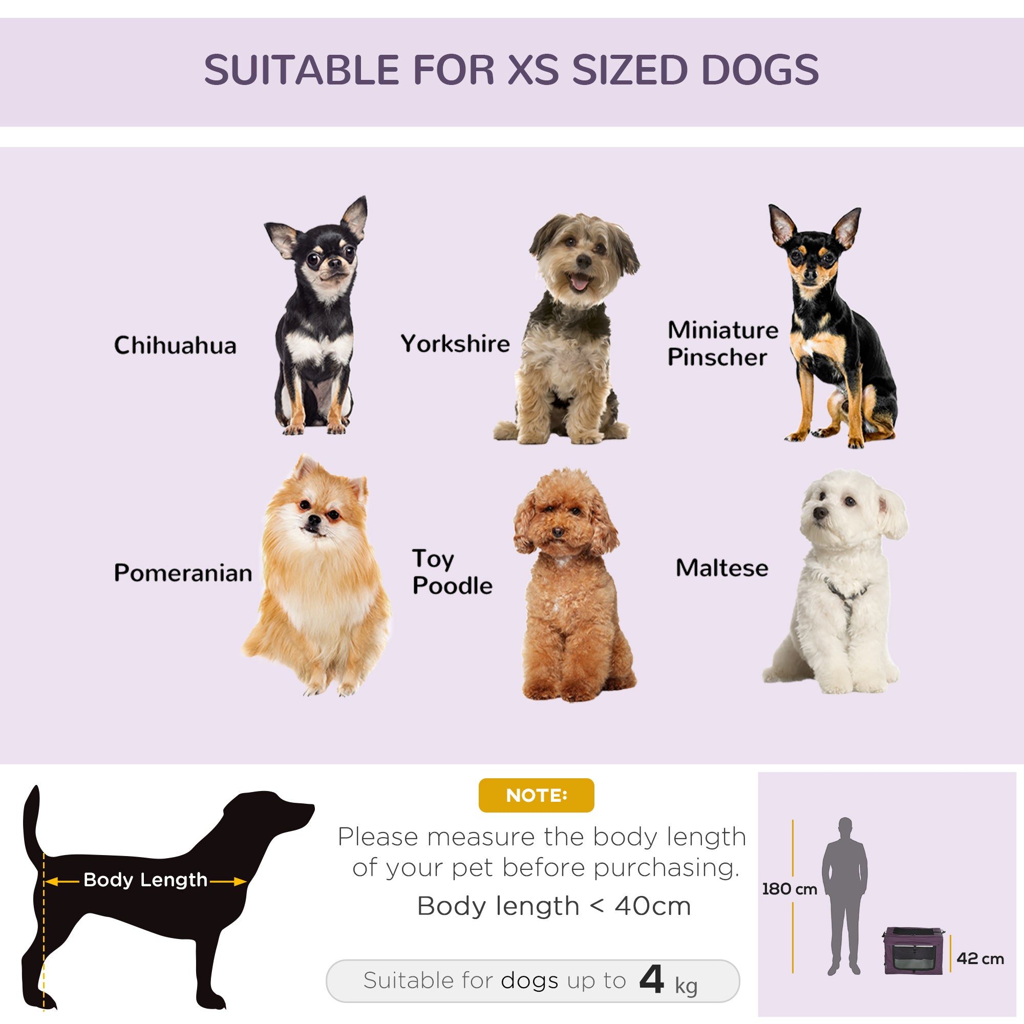 Pet Carrier Portable Cat Carrier Foldable Dog Bag for Miniature Dogs, 60 x 42 x 42 cm, Purple