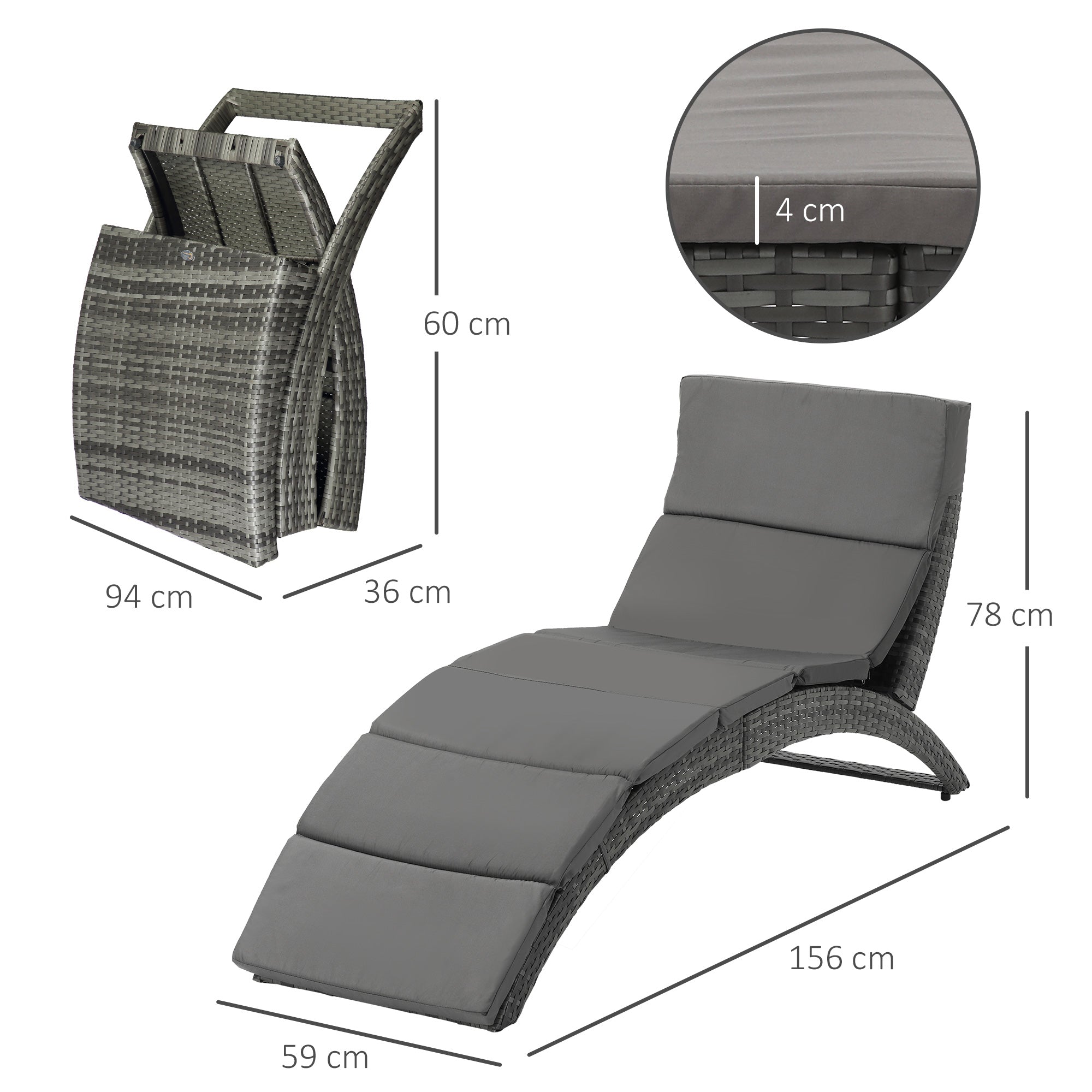 Garden Patio Rattan Wicker Folding Sun Lounger Recliner Bed Chair with Cushion for Outdoor, Grey