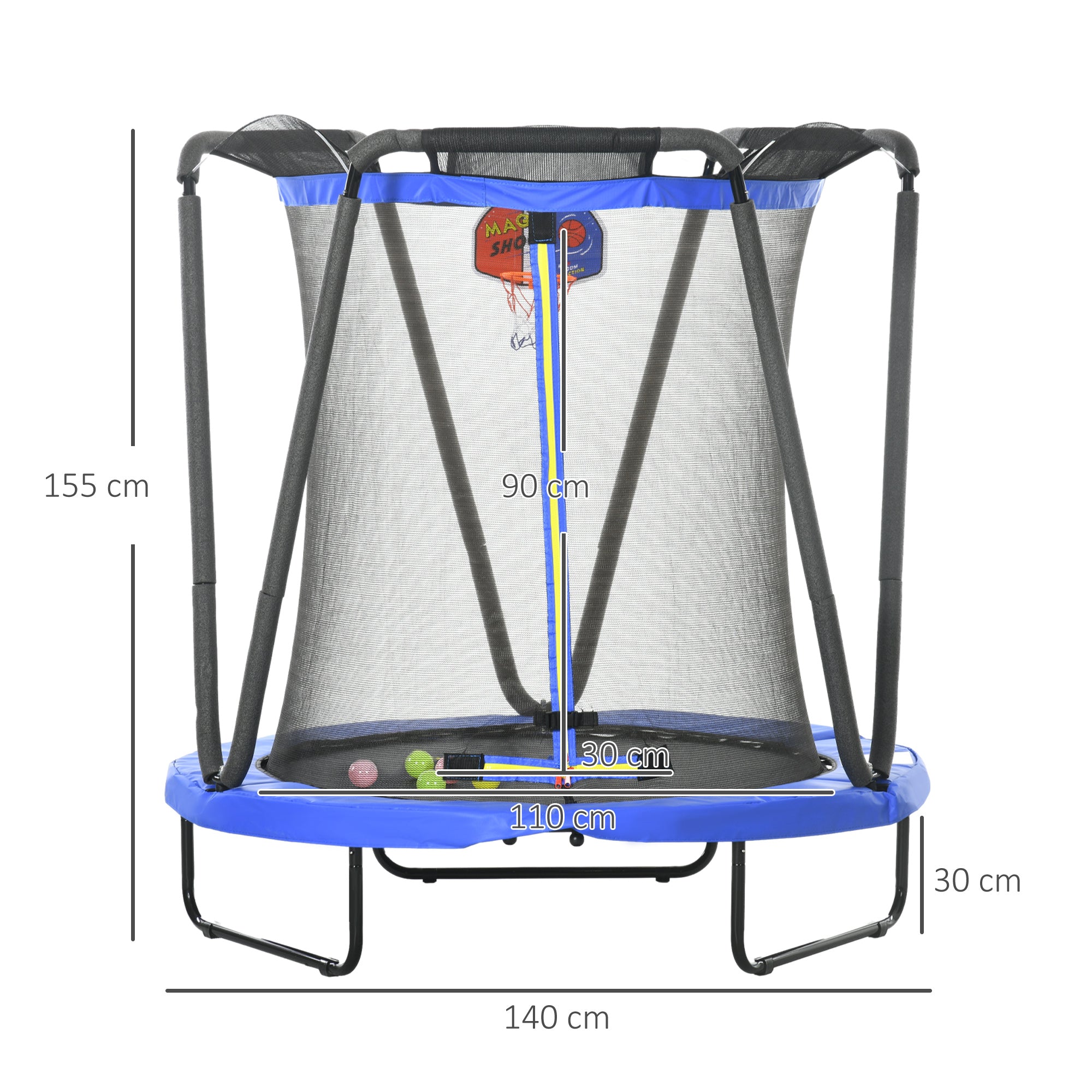 4.6 FT Kids Trampoline with Enclosure, Basketball, Sea Balls, Blue