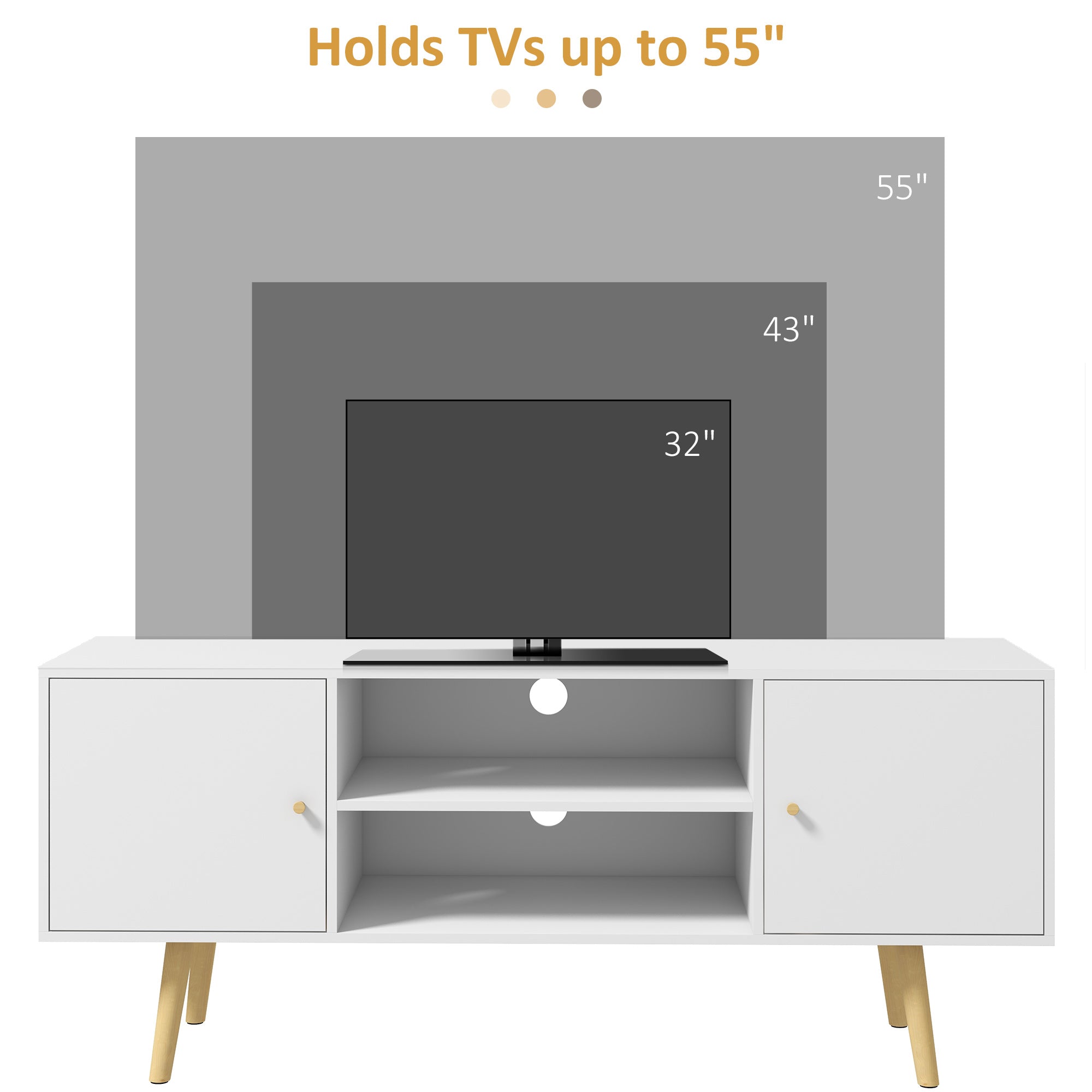 TV Unit Cabinet for TVs up to 55 Inches, TV Stand with Storage Shelves and Wood Legs for Living Room, White