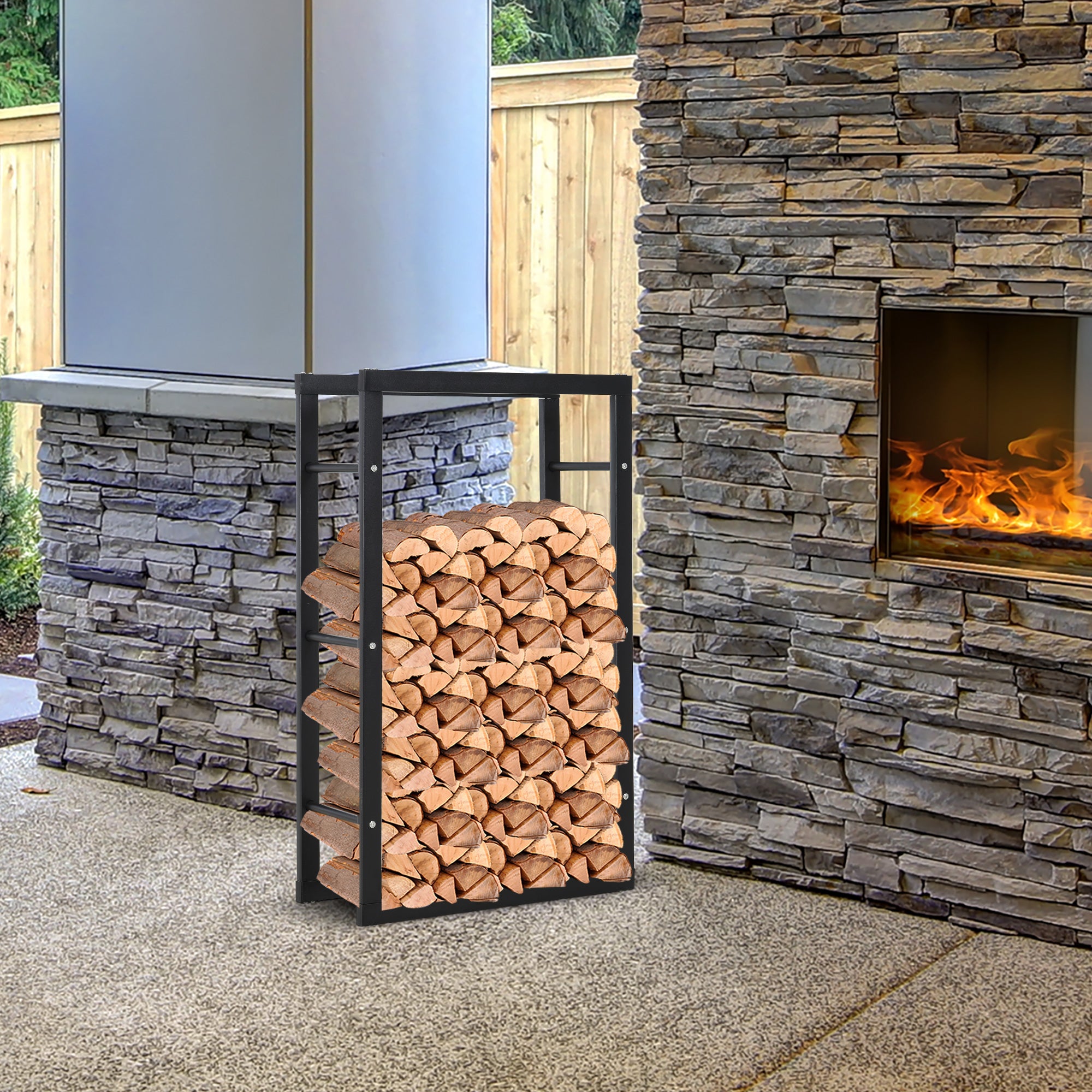 Metal Firewood Log Holder Tall Firewood Rack Indoor Outdoor Fireplace Wood Storage Shelf with Rust-Resistant, Black, 60W x 25D x 100H cm