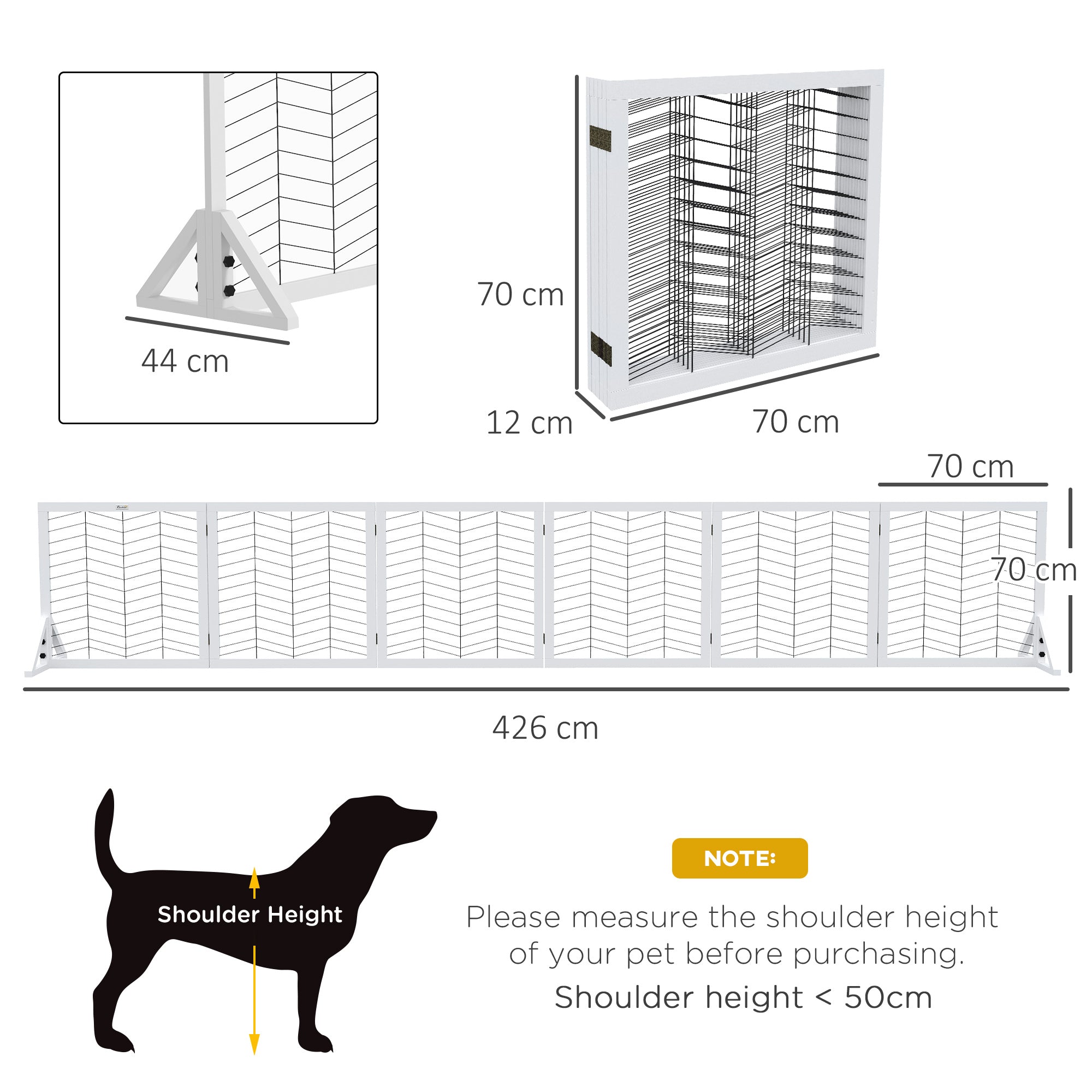 6 Panels Pet Gate, Wooden Foldable Dog Barrier w 2PCS Support Feet, for Small Medium Dogs - White