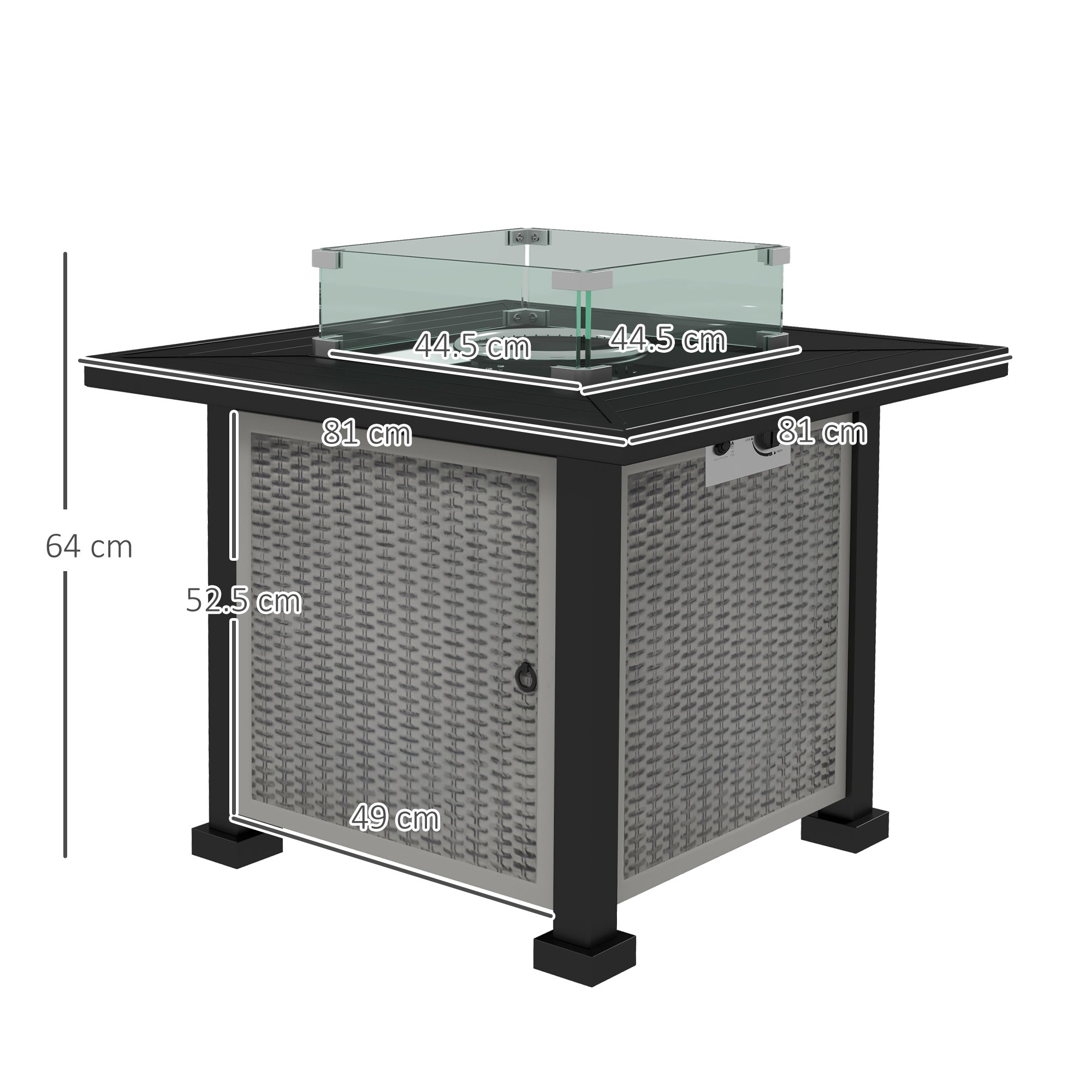 Square Gas Fire Pit Table, Rattan Smokeless Fire Pit with Glass Screen and Beads, Lid, 50000 BTU, 81x81x64cm, Grey