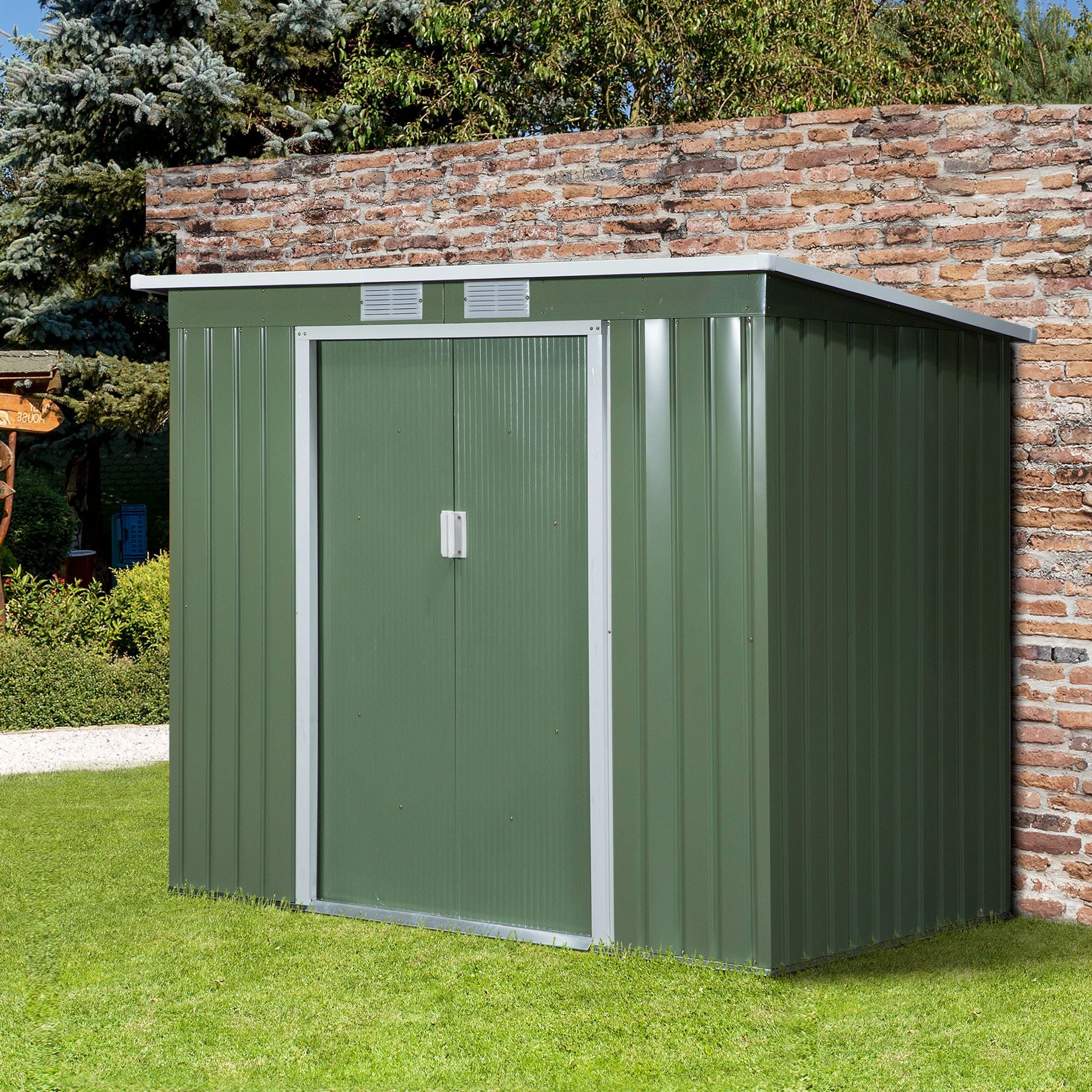 Pend Garden Storage Shed w/ Foundation Double Door Ventilation Window Sloped Roof Outdoor Equipment Tool Storage 213 x 130 x 173 cm