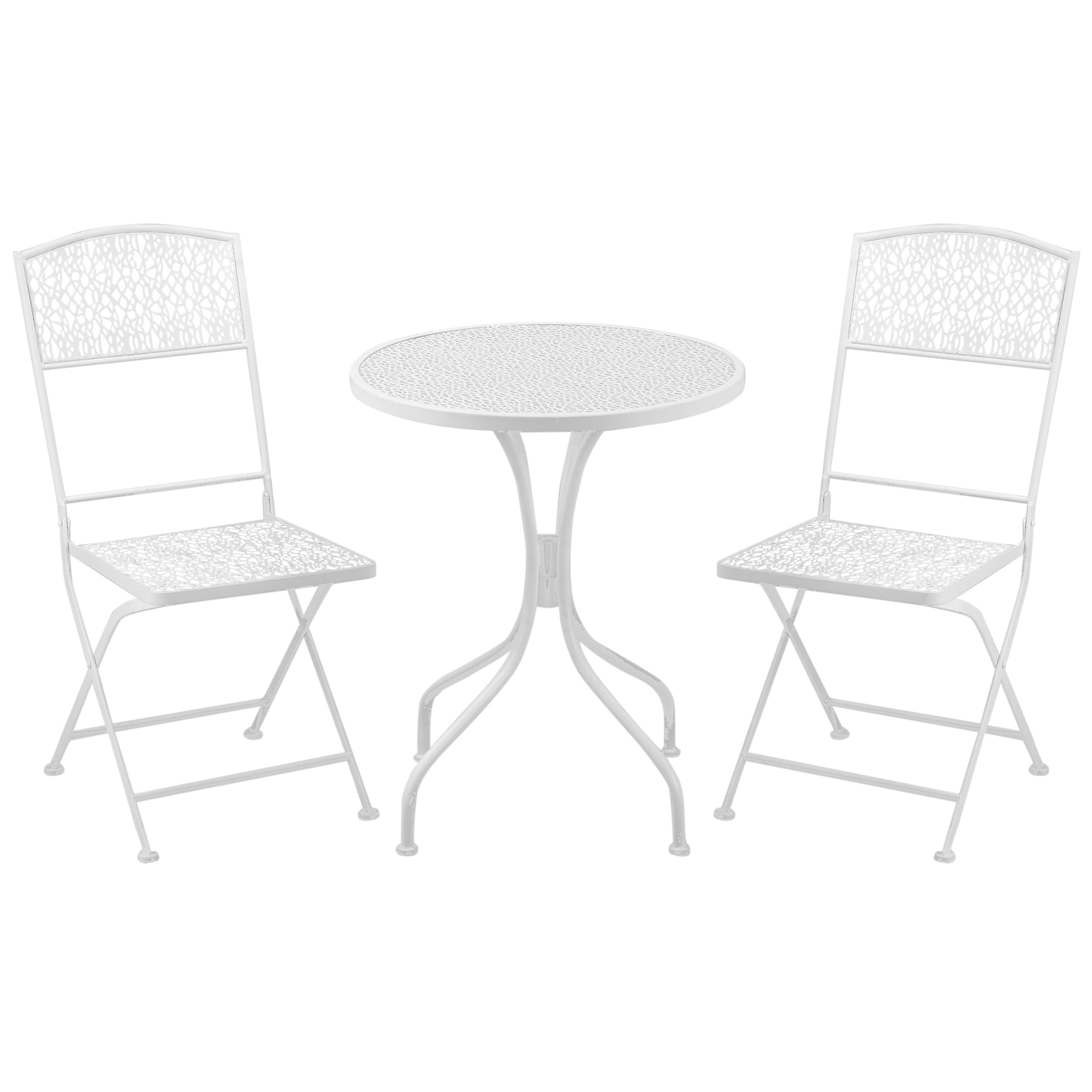 Garden Bistro Set for 2 with Folding Chairs and Round Table, Metal Balcony Furniture for Outdoor Indoor Use, White