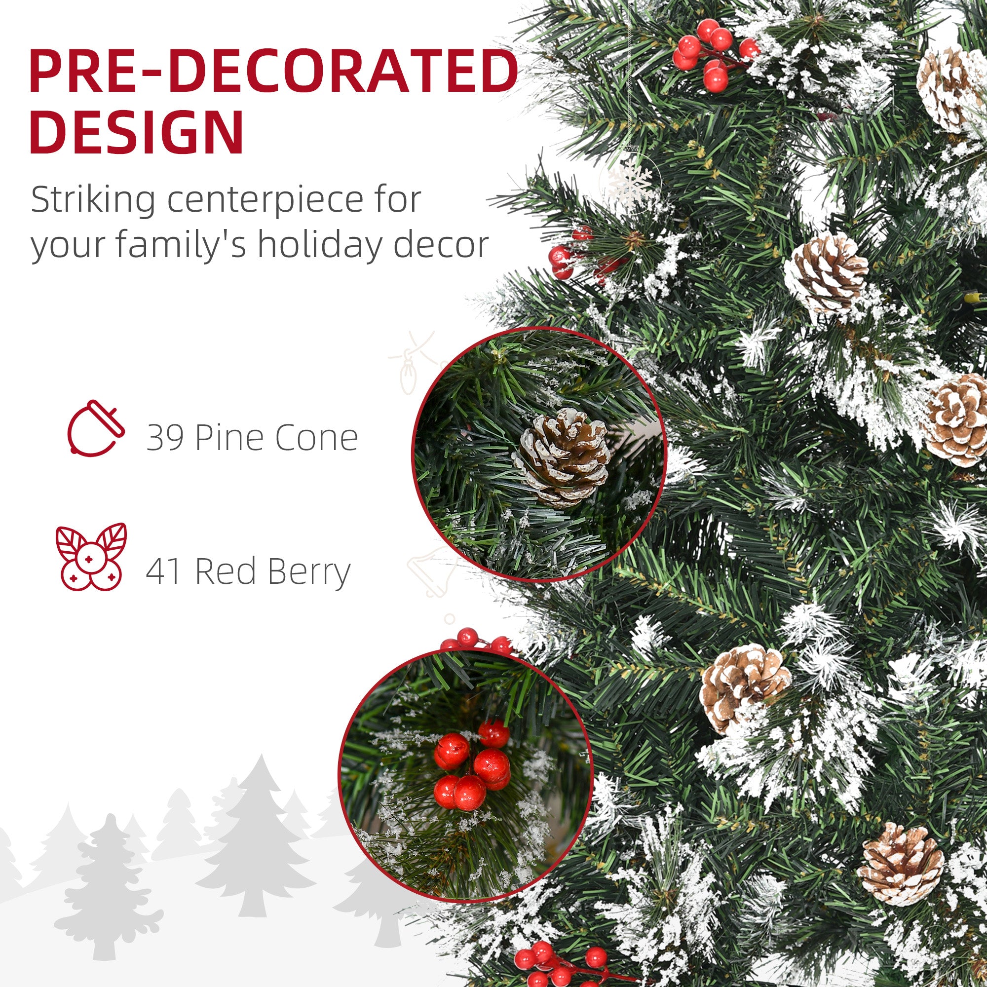 7 Foot Snow Dipped Artificial Christmas Tree Slim Pencil Xmas Tree with 738 Realistic Branches, Pine Cones, Red Berries, Auto Open, Green