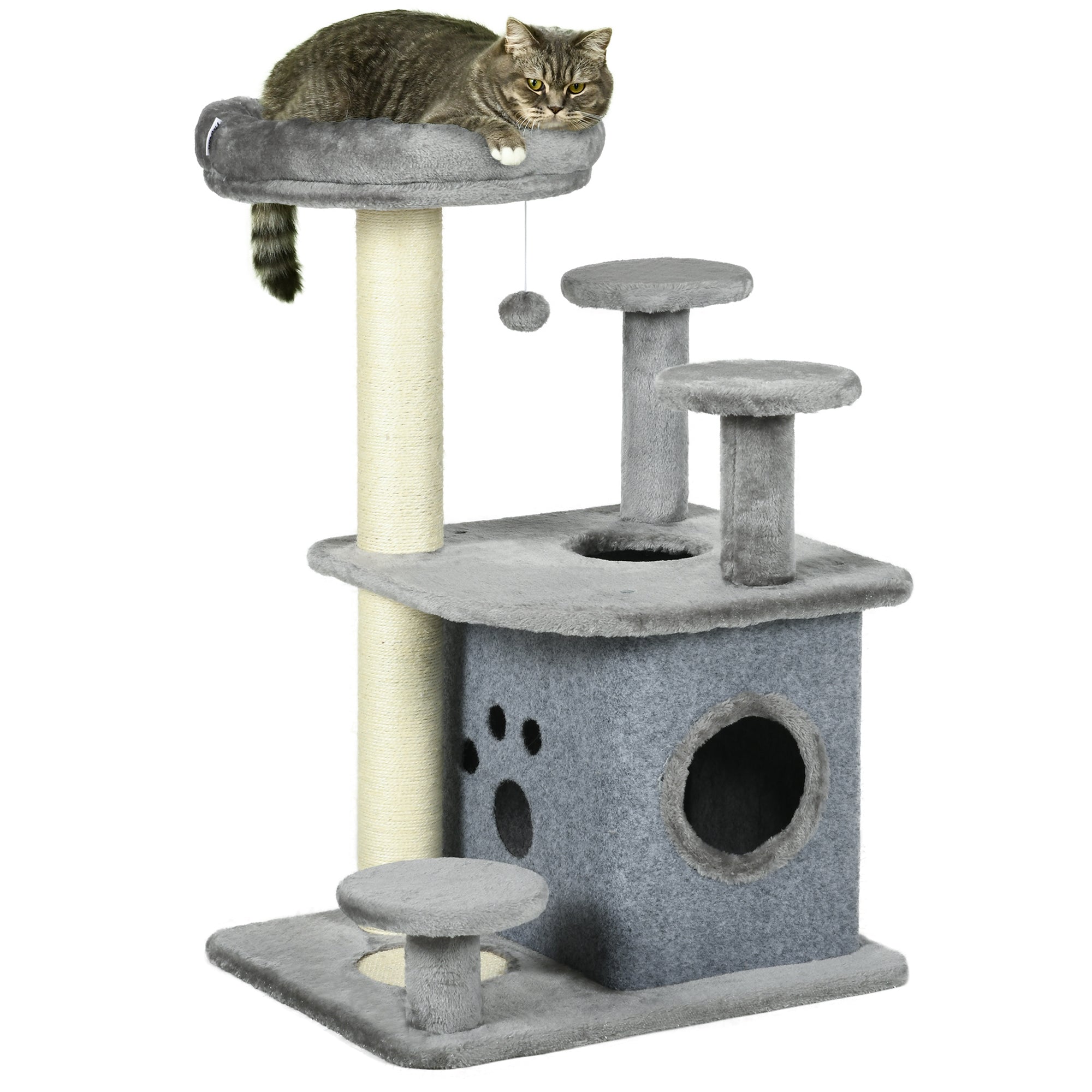 92cm Cat Tree for Indoor Cats with Scratching Posts, Cat Tower with House, Bed, Perches, Scratching Mat, Toy, Grey