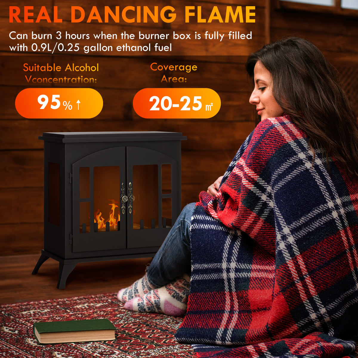 Freestanding Bioethanol Fireplace Stove with 0.9L Tank and Stainless Steel Flame Snuffer - Black