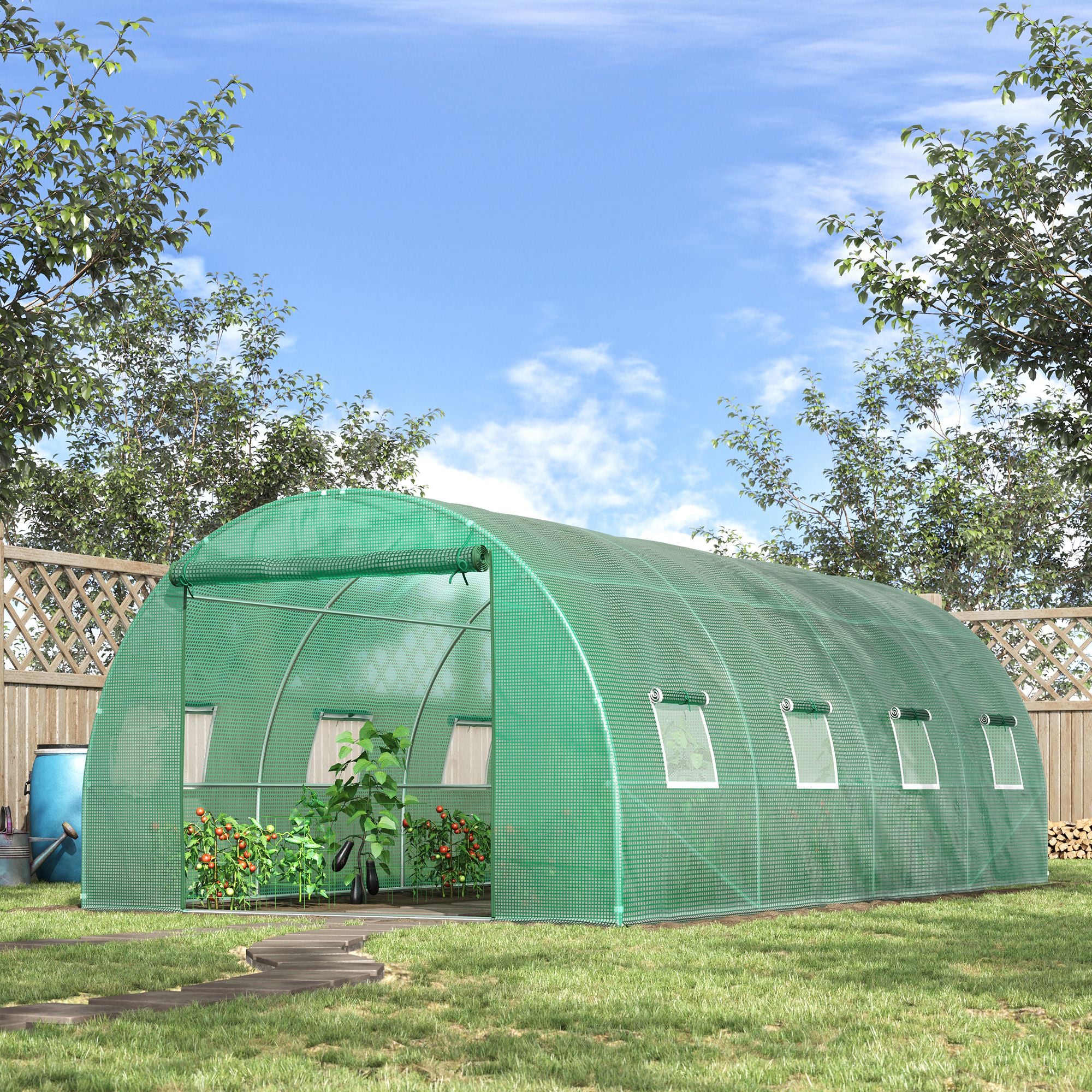 6 x 3 m Large Walk-In Greenhouse Garden Polytunnel Greenhouse with Steel Frame, Zippered Door and Roll Up Windows, Green