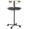 Metal Bird Table Play Stand with Four Wheels, Feeding Bowls & Round Tray - Grey