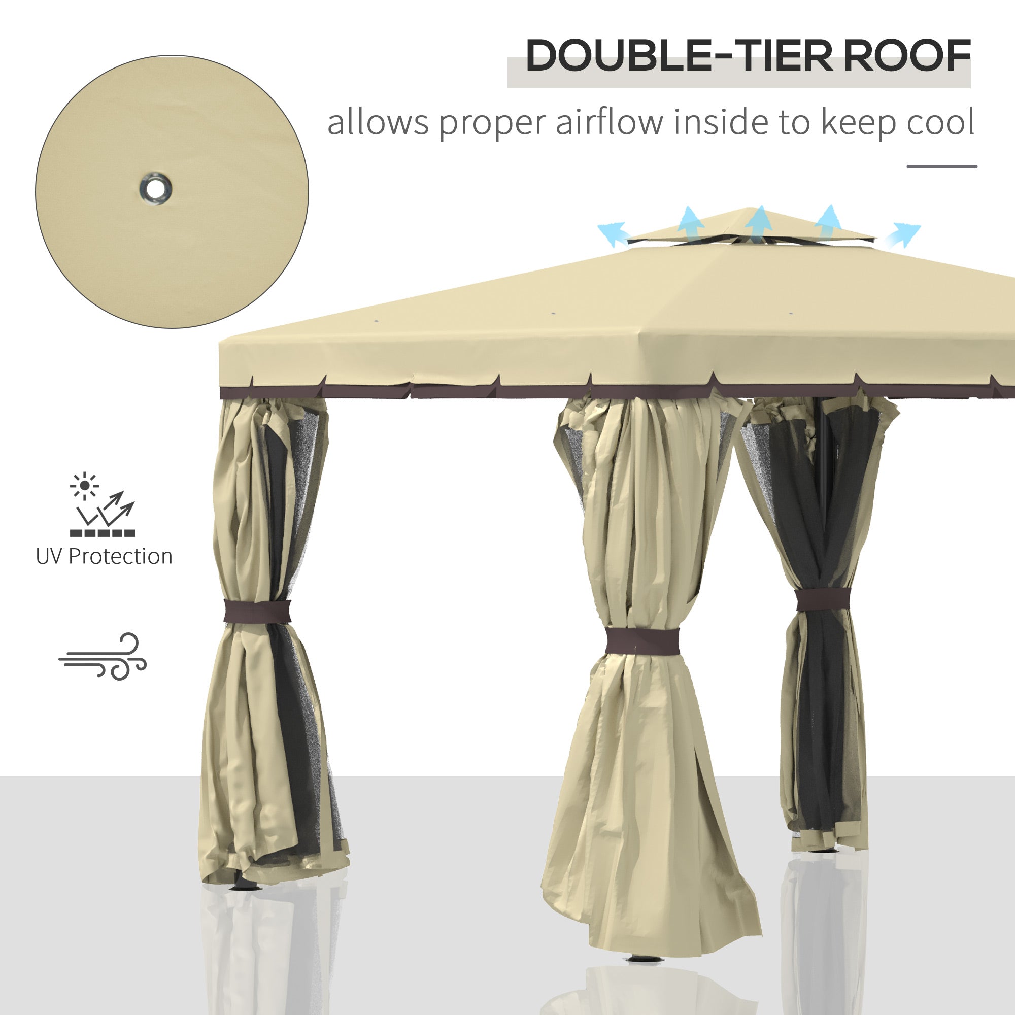 3 x 3(m) Garden Gazebo Pavilion Tent Shelter with 2 Tier Water Repellent Roof, Mosquito Netting and Curtains, Aluminium Frame, Beige