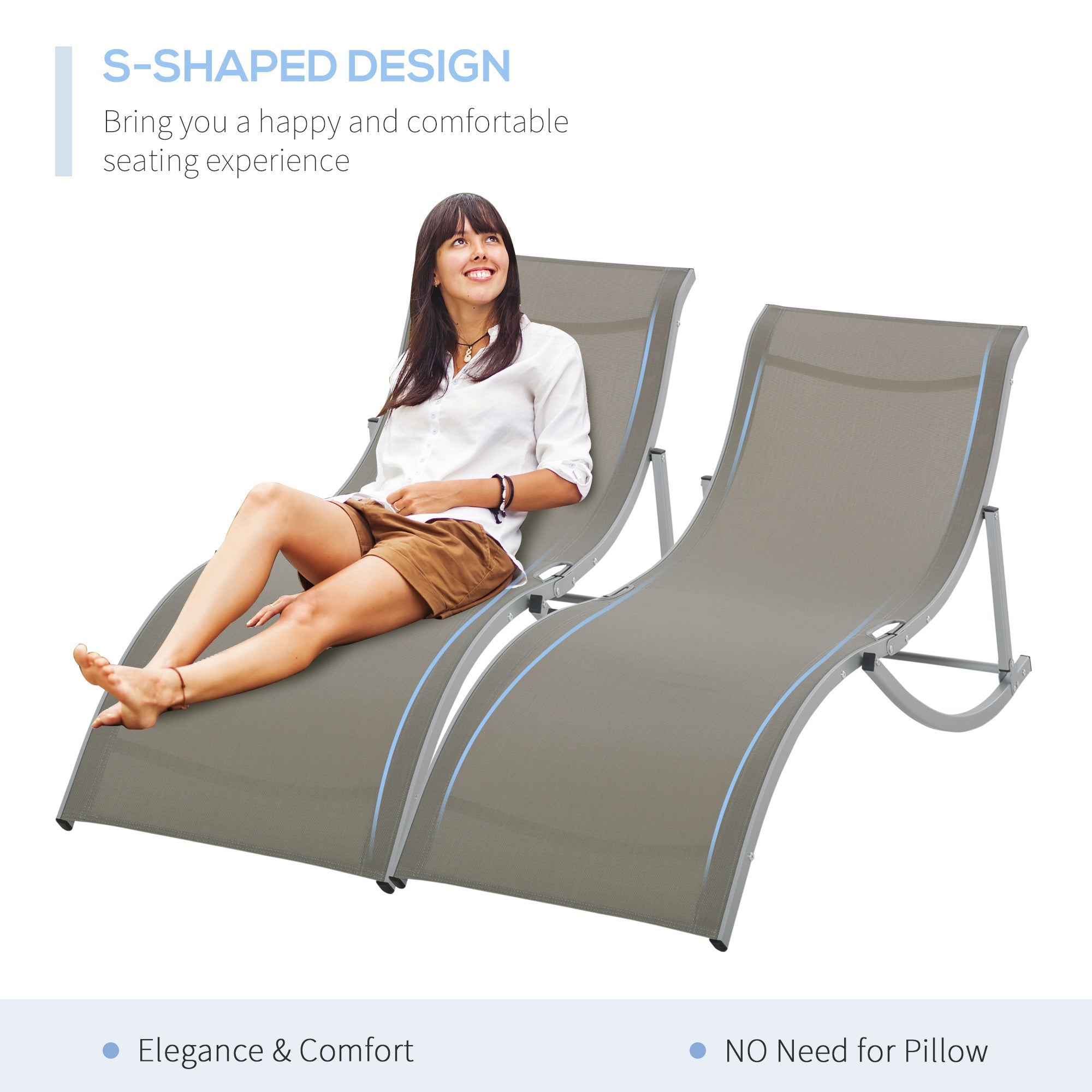 Set of 2 S-shaped Foldable Lounge Chair Sun Lounger Reclining Outdoor Chair for Patio Beach Garden Light Grey