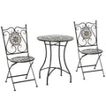 3 Pc Mosaic Tile Garden Bistro Set with Folding Chairs and Table Metal Frame - Grey