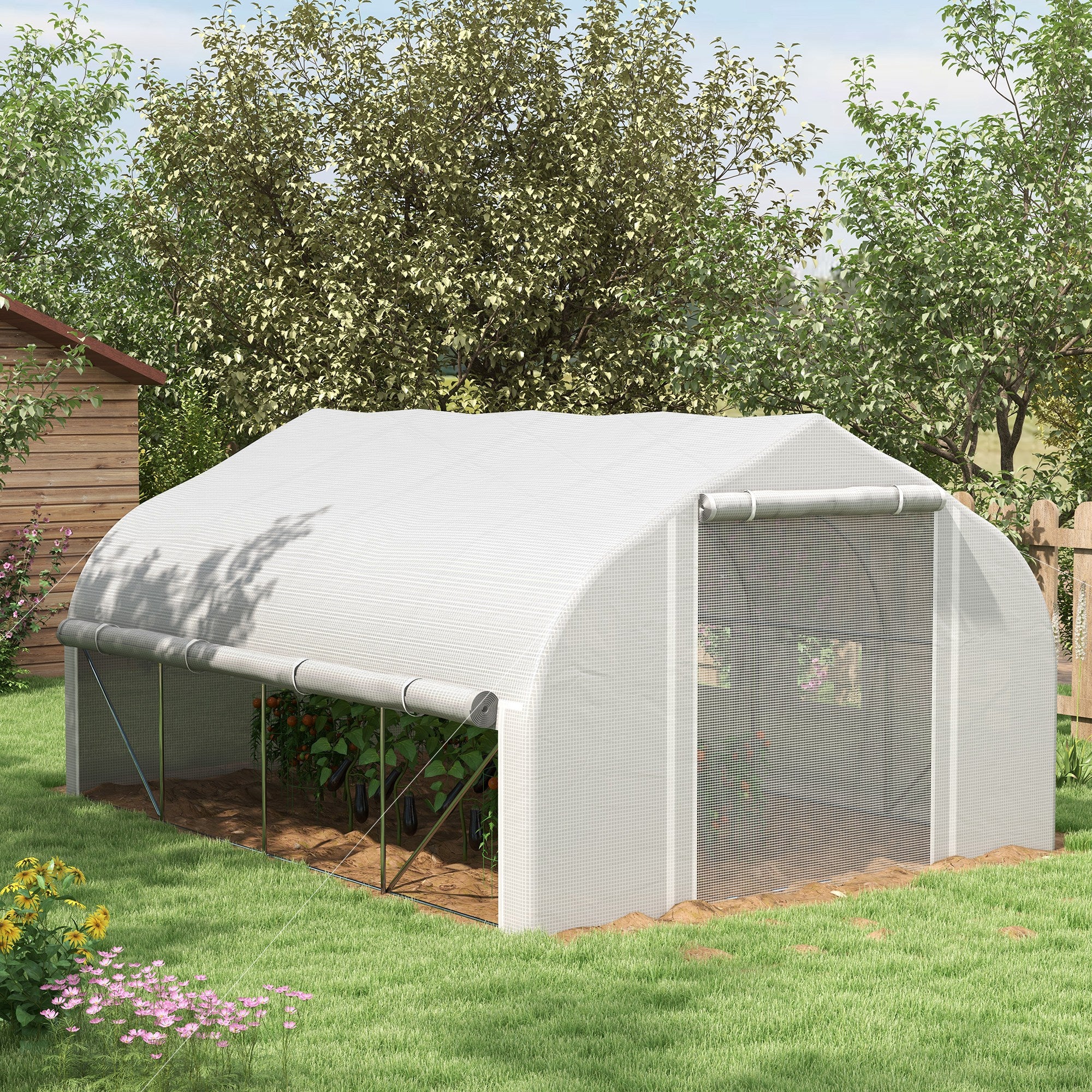 4x3m Walk-in Polytunnel Greenhouse, Zipped Roll Up Sidewalls, Tunnel Warm House Tent w/ PE Cover, Complimentary Plant Labels & Gloves