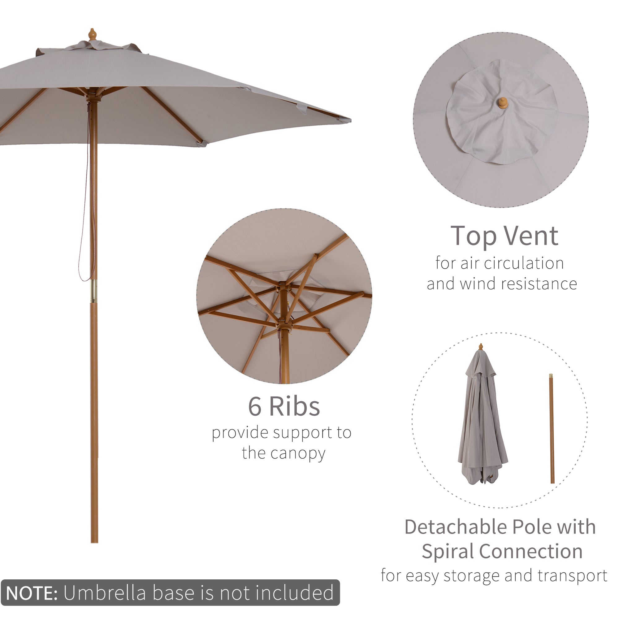 2.5m Wooden Garden Parasol with Ventilated Polyester Canopy - Grey