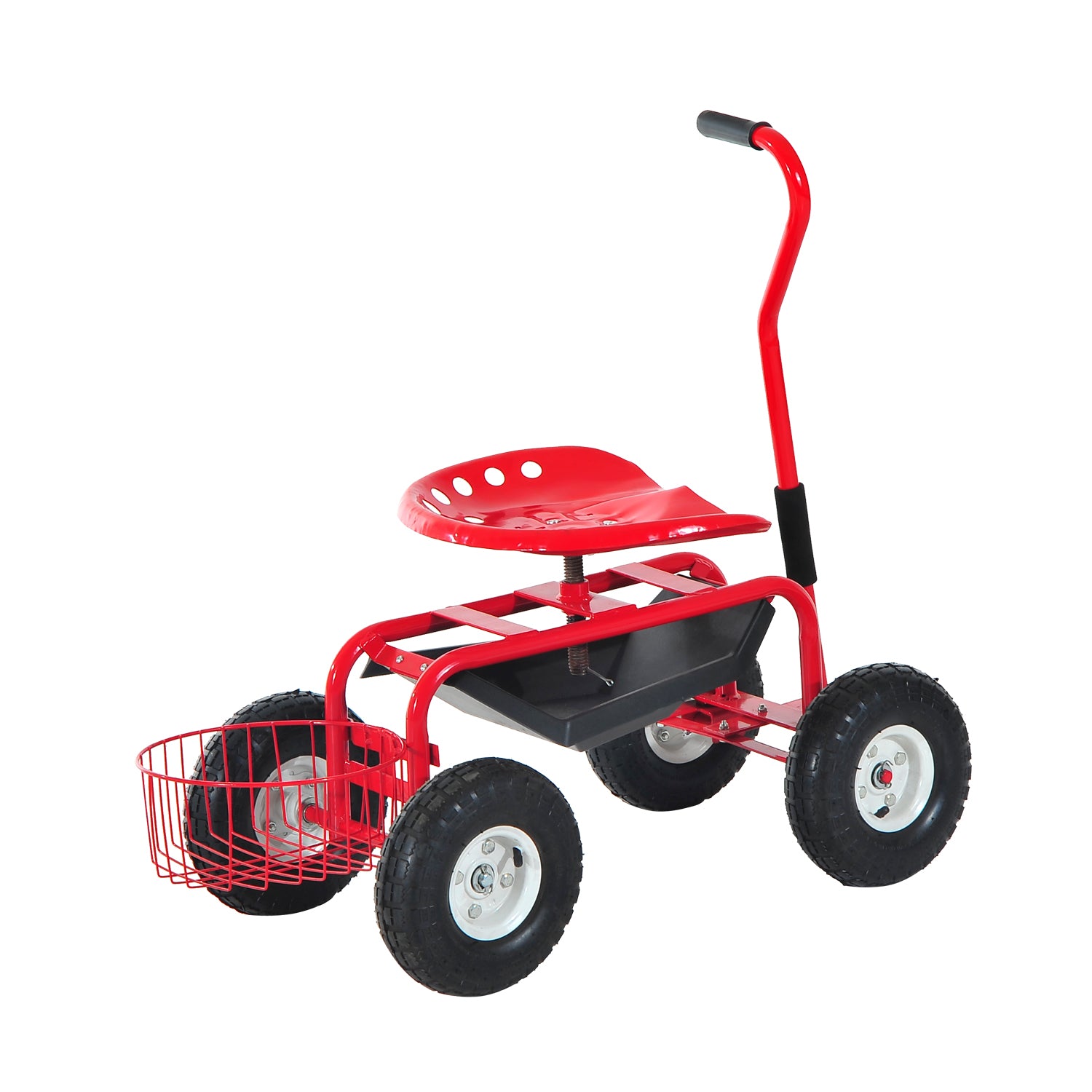 Adjustable Rolling Garden Cart Outdoor Garden Planting Station Trolley Swivel Gardener Work Seat Heavy Duty w/ Tool Tray & Basket Red 150kg