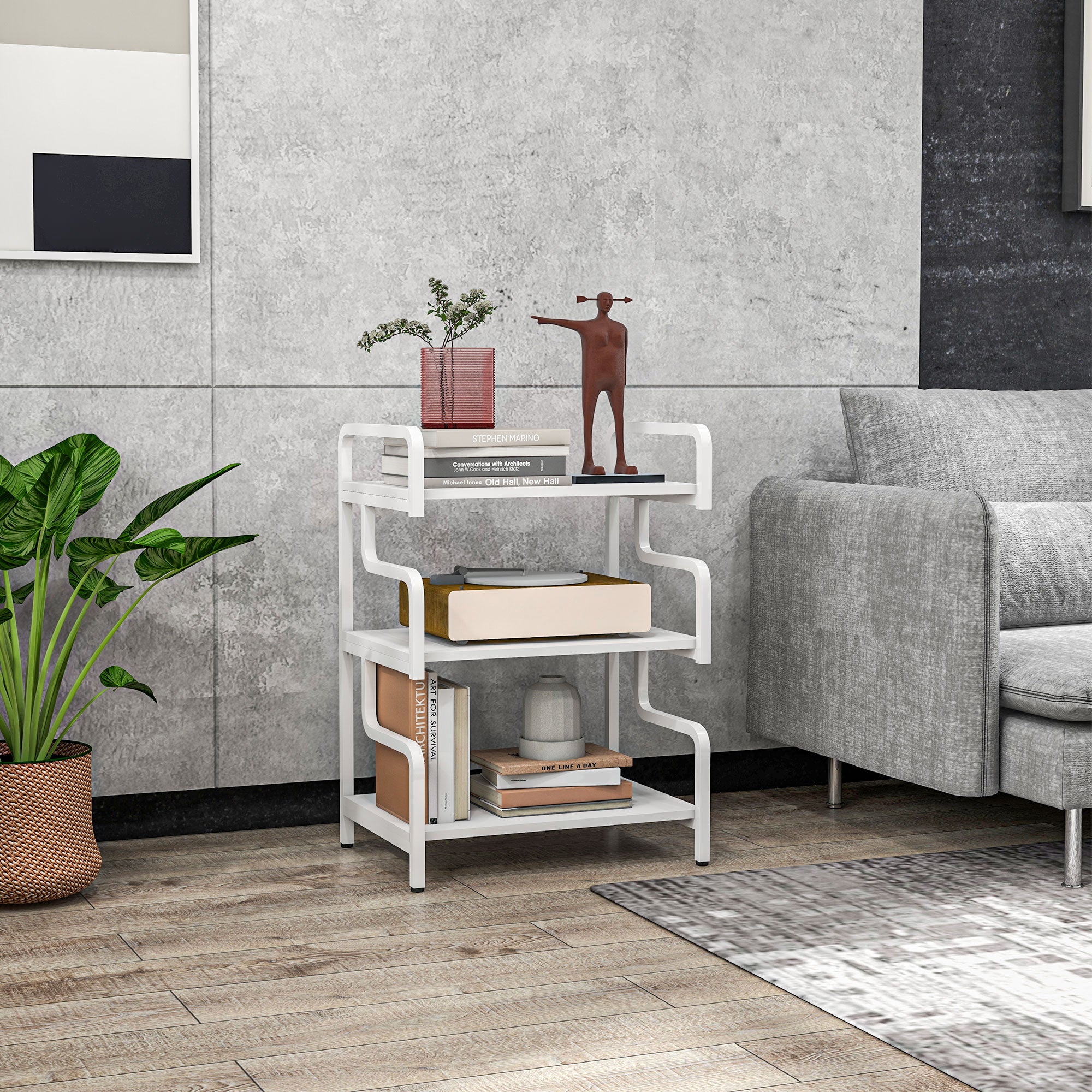 3-Tier Storage Shelves, Metal Shelving Unit, Industrial Printer Table for Home Office, Display Rack for Living Room, White