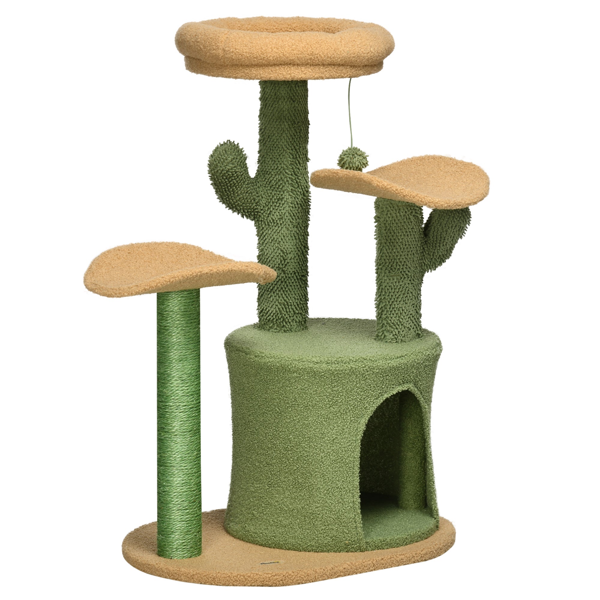 Cactus Cat Tree, 83cm Cat Climbing Tower, kitten Activity Centre with Teddy Fleece House, Bed, Sisal Scratching Post and Hanging Ball, Green