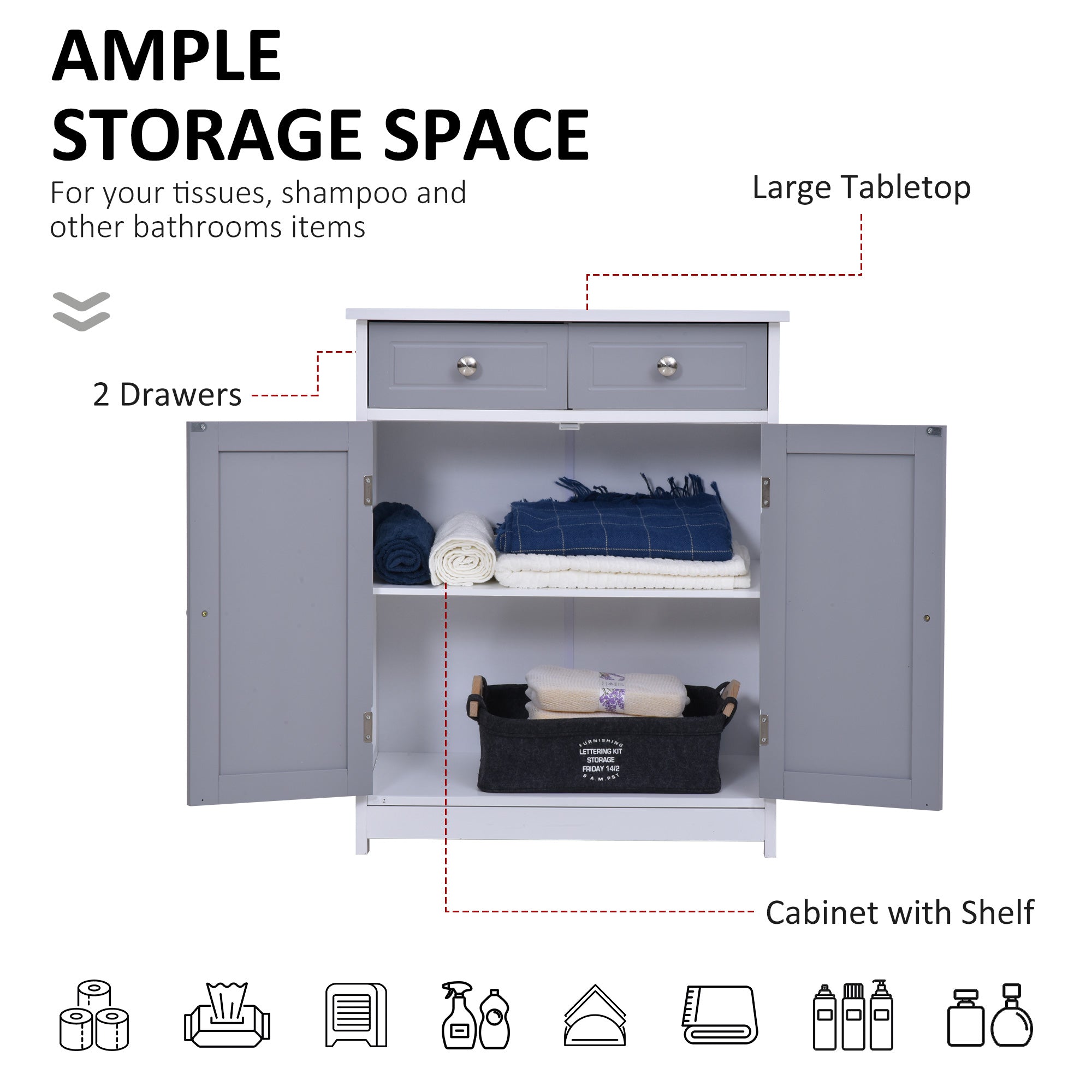 Bathroom Storage Cabinet Free-Standing Bathroom Cabinet Unit w/ 2 Drawers Cupboard Adjustable Shelf Metal Handles 75x60cm - Grey and White