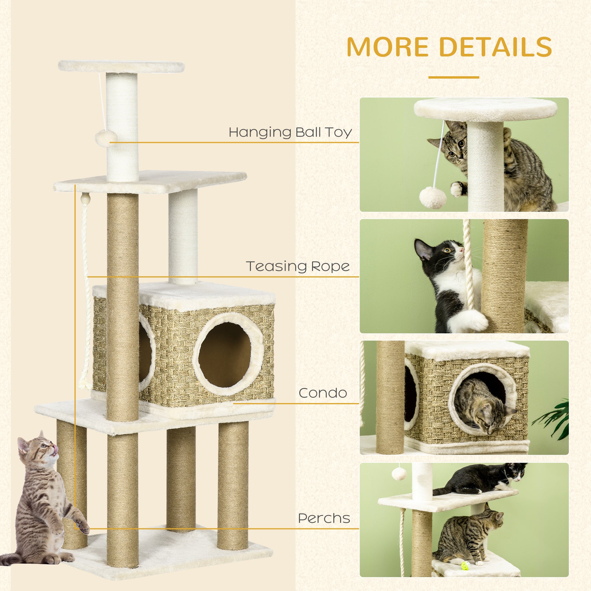 Cat Tree, Climbing Kitten Cat Tower Activity Center for Indoor Cats with Jute Scratching Post, Condo, Kitten Stand, Hanging Ball Toy, Beige