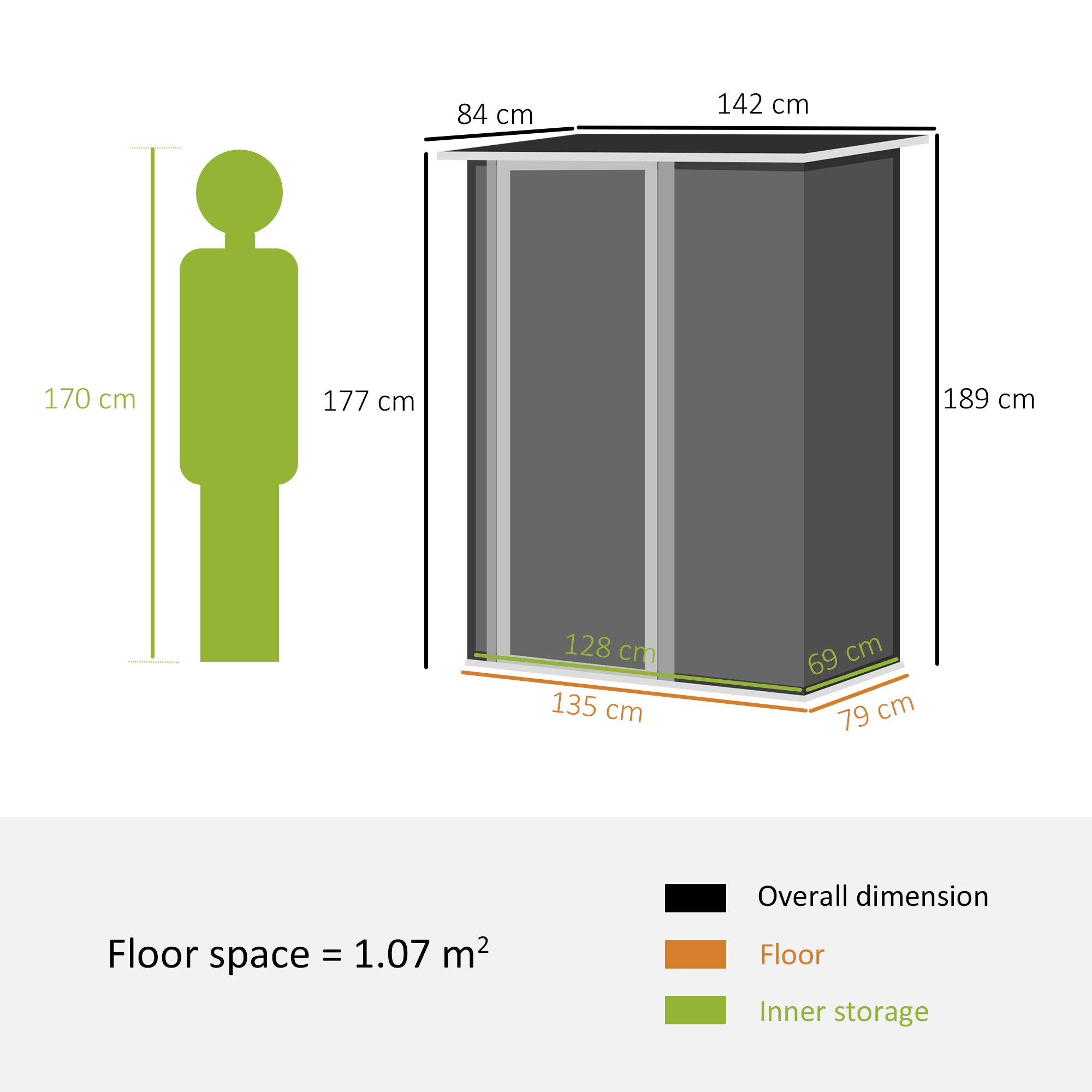 Garden Storage Shed, Outdoor Tool Shed with Sloped Roof, Lockable Door for Equipment, Bikes, Grey, 142 x 84 x 189cm