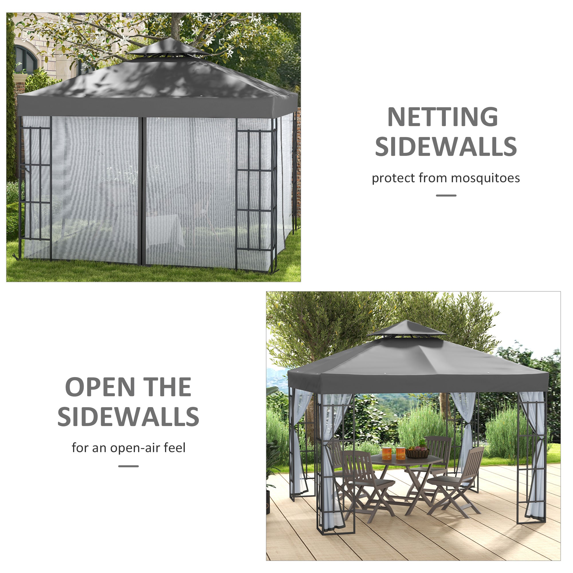 3 Metre Patio Gazebo with Mosquito Netting and Steel Frame - Grey