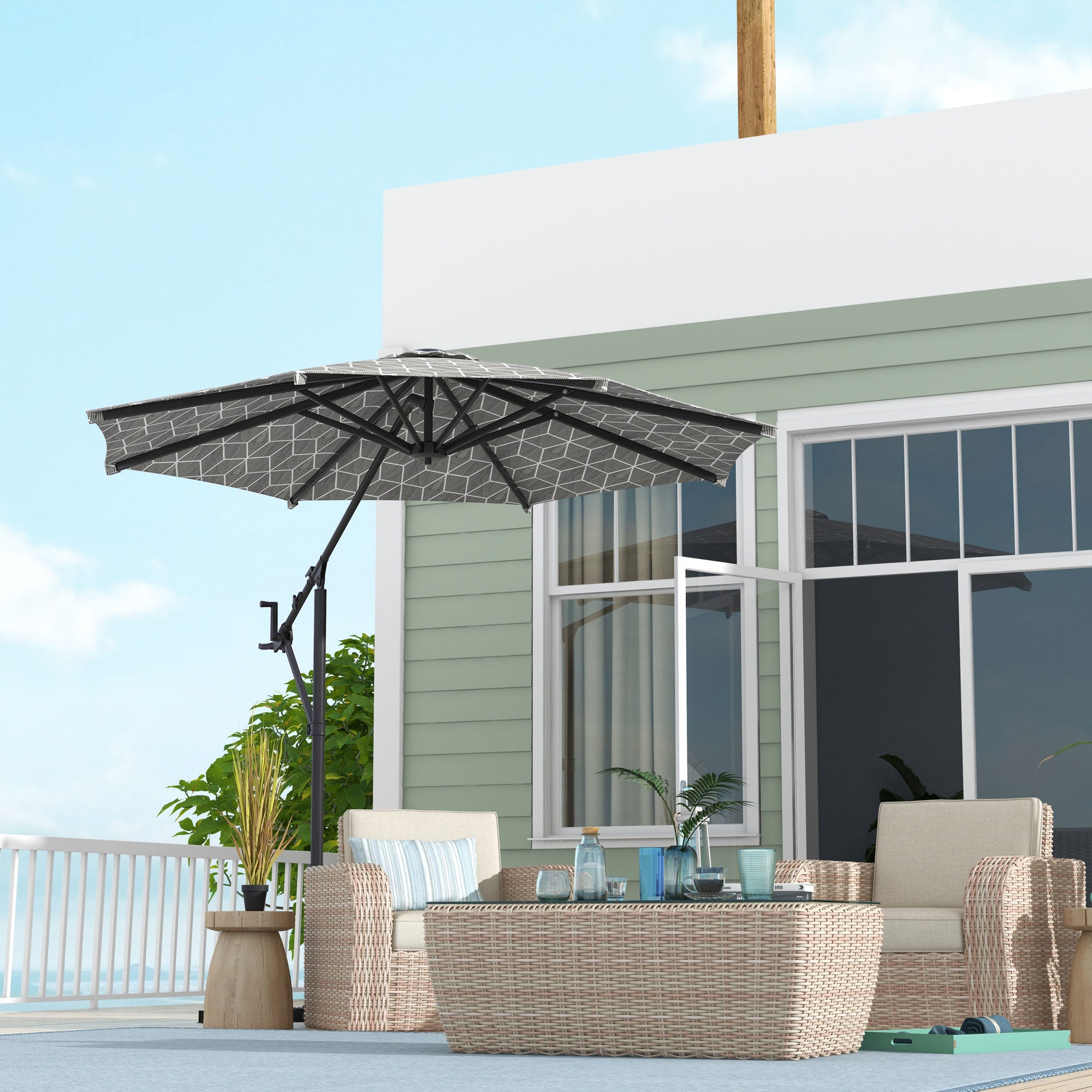 3(m) Convertible Cantilever Parasol and Centre-post Garden Parasol with Cross Base, 360 Rotation Banana Parasol with Crank Handle