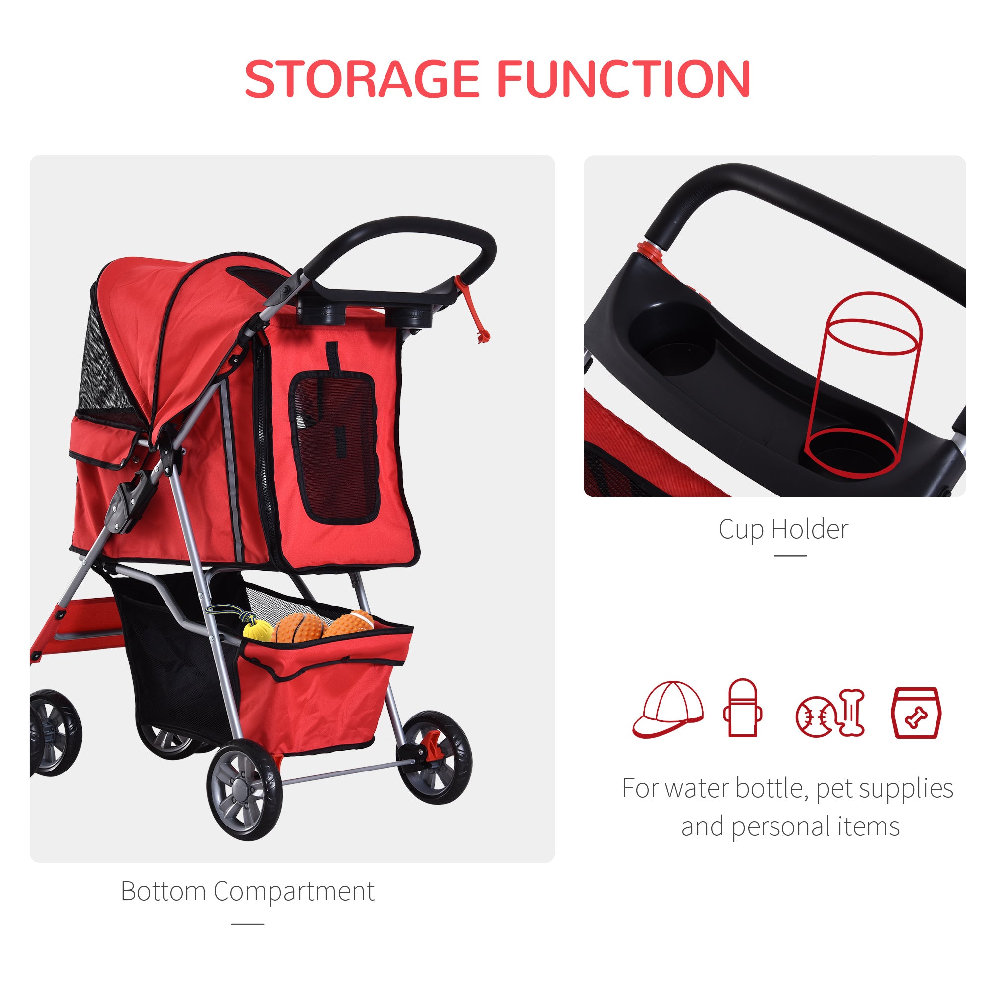 Dog Stroller with Rain Cover for Small Miniature Dogs, Folding Pet Pram with Cup Holder, Storage Basket, Reflective Strips, Red