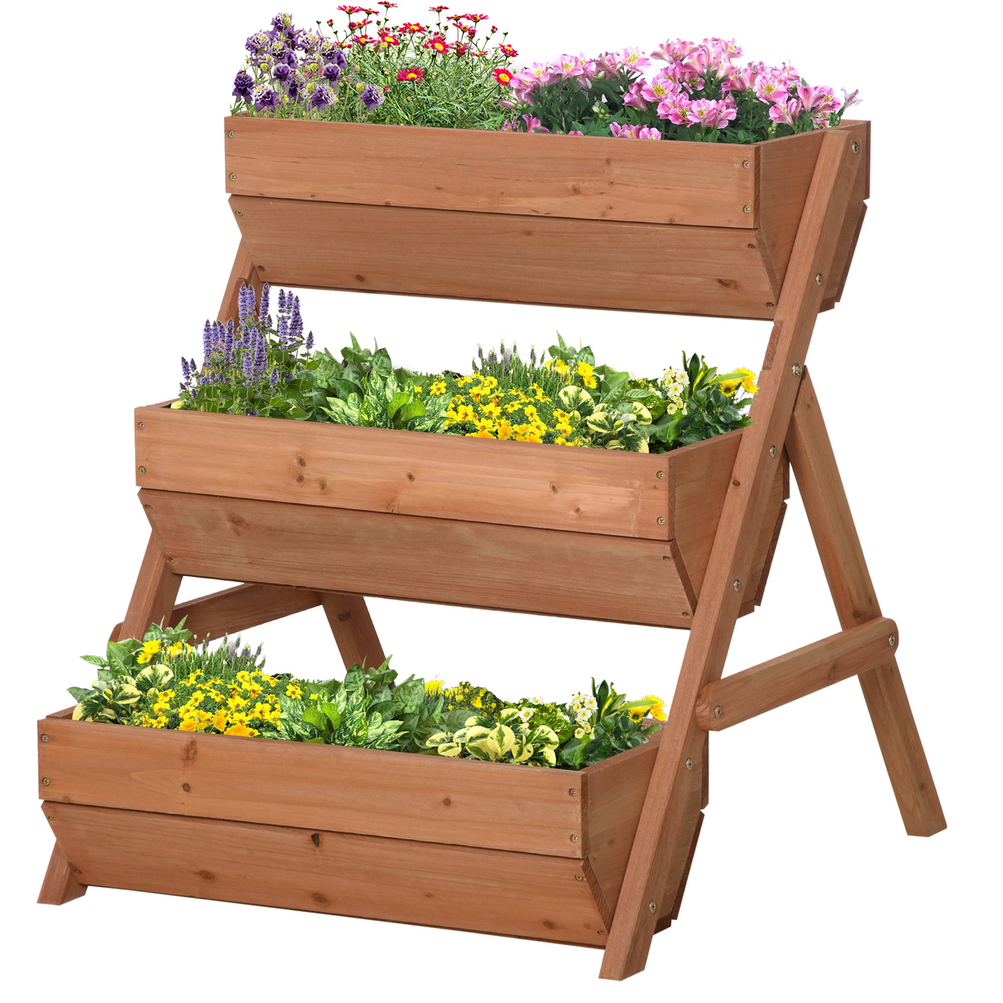 3 Tier Raised Garden Bed Wooden Elevated Planter Box Kit, 66L for Flower, Vegetable, Herb, 65x75x78cm, Brown