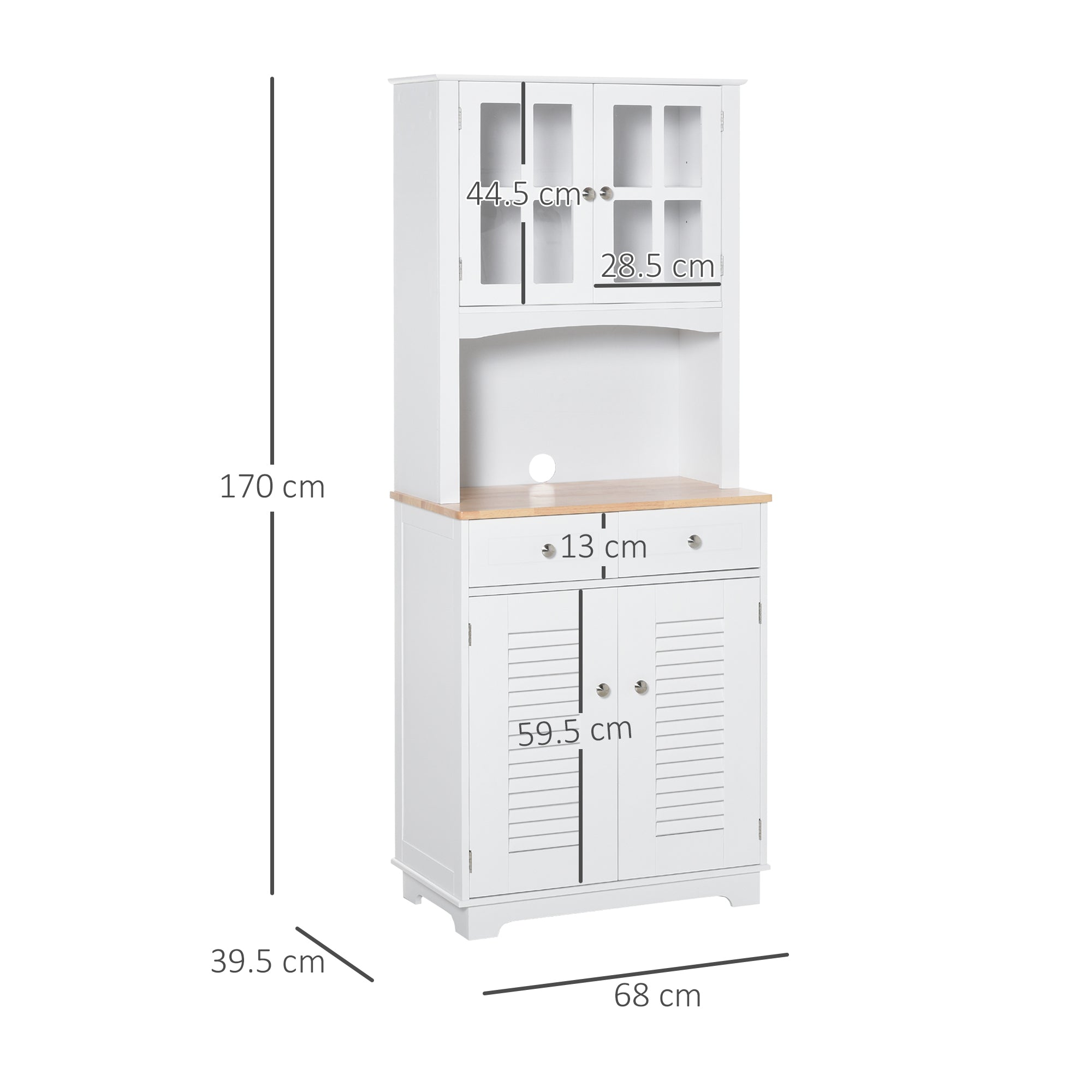 Modern Kitchen Cupboard, Louvered Kitchen Storage Cabinet with Framed Glass Doors and 2 Drawers, White