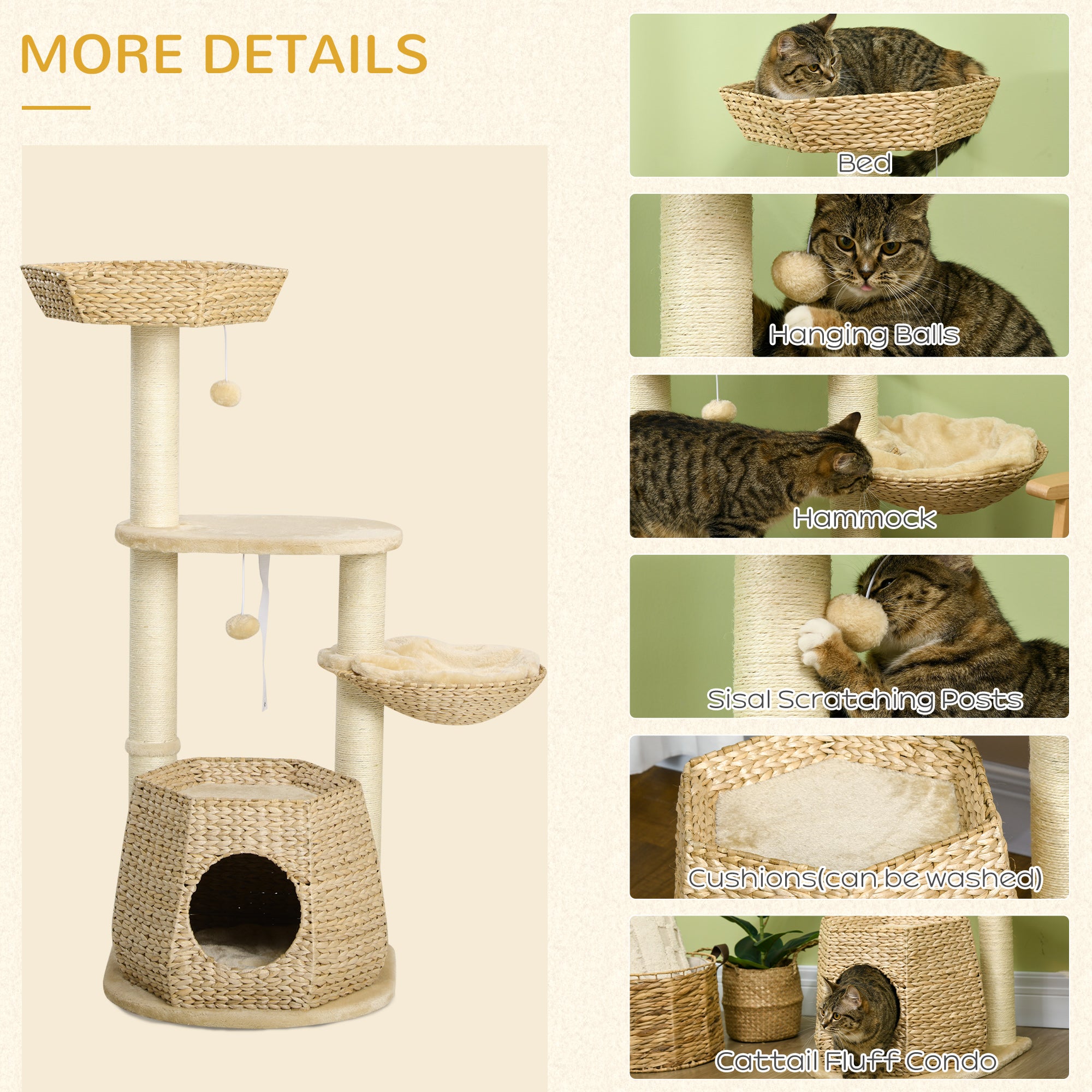 Cat Tree Tower, Climbing Activity Centre, Kitten Furniture w/ Cattail, Bed, House, Sisal Post, Hanging Ball, Natural Tone