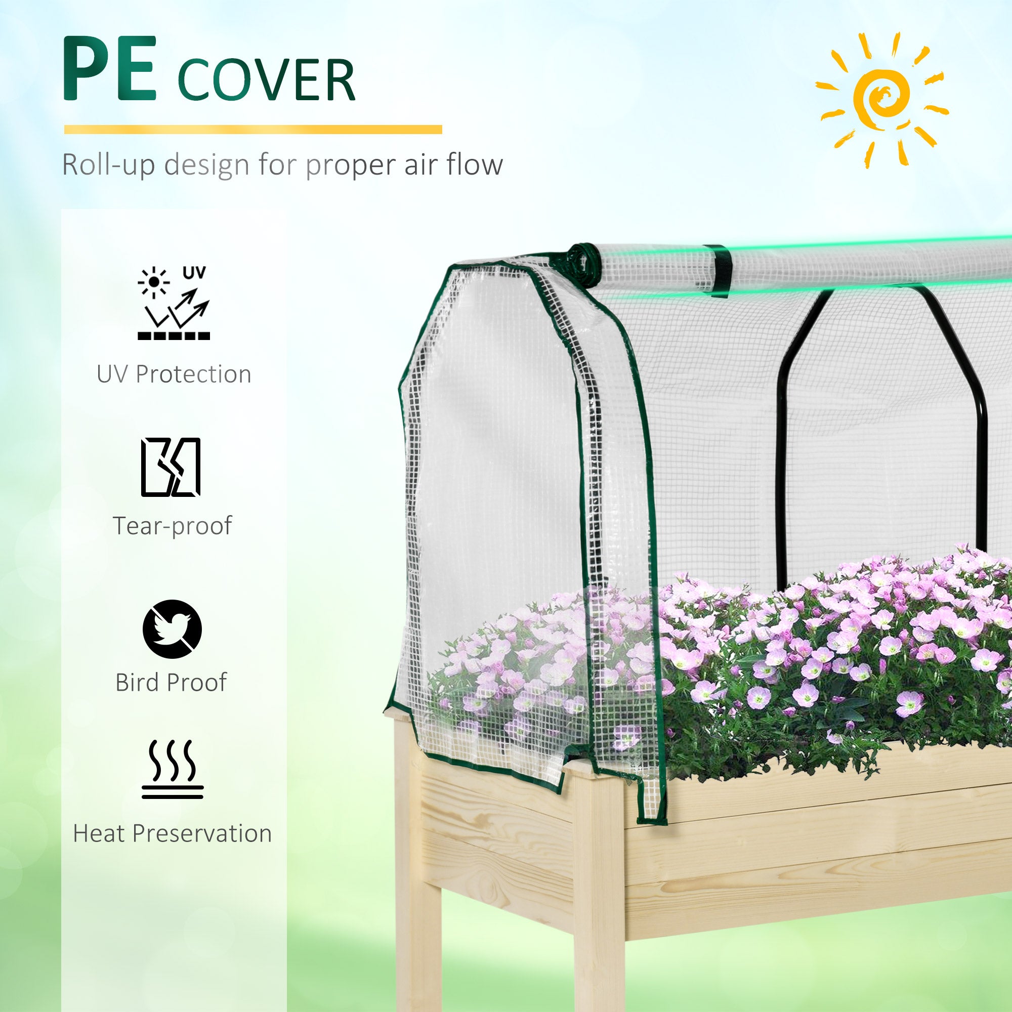 Outdoor Elevated Wood Planter Box for Herbs and Vegetables Raised Garden Bed with PE Greenhouse Cover, Use for Patio, Backyard, Balcony