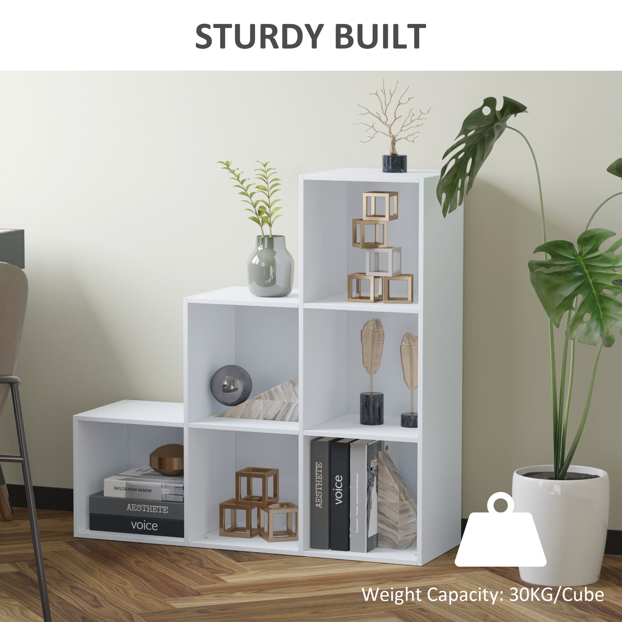 3-tier Step 6 Cubes Storage Unit Particle Board Cabinet Bookcase Organiser Home Office Shelves - White