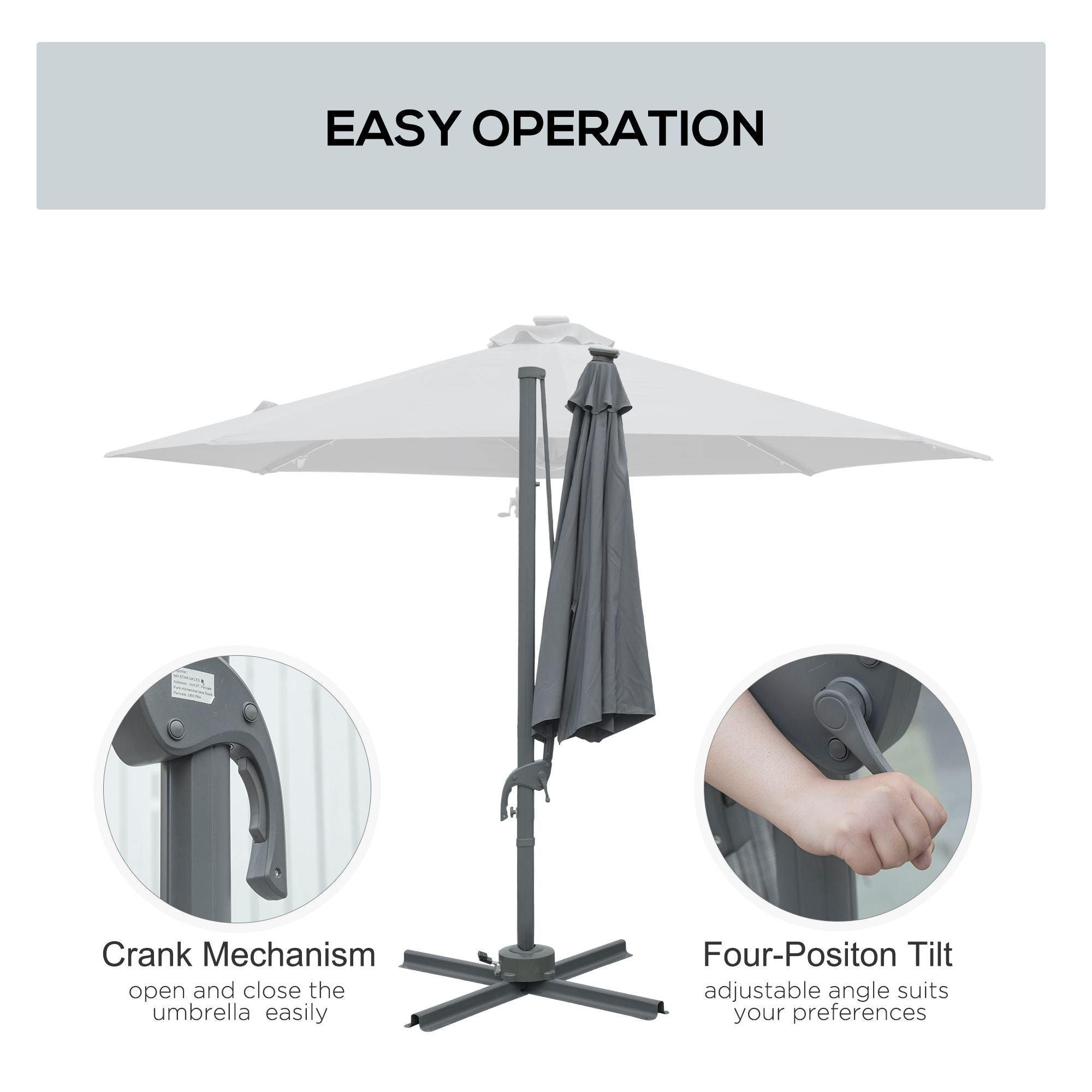 3(m) Square Outdoor Umbrella Patio Sun Umbrella with Crank & Tilt LED Solar Light Cross Base 360° Rotating Outdoor, Dark Grey