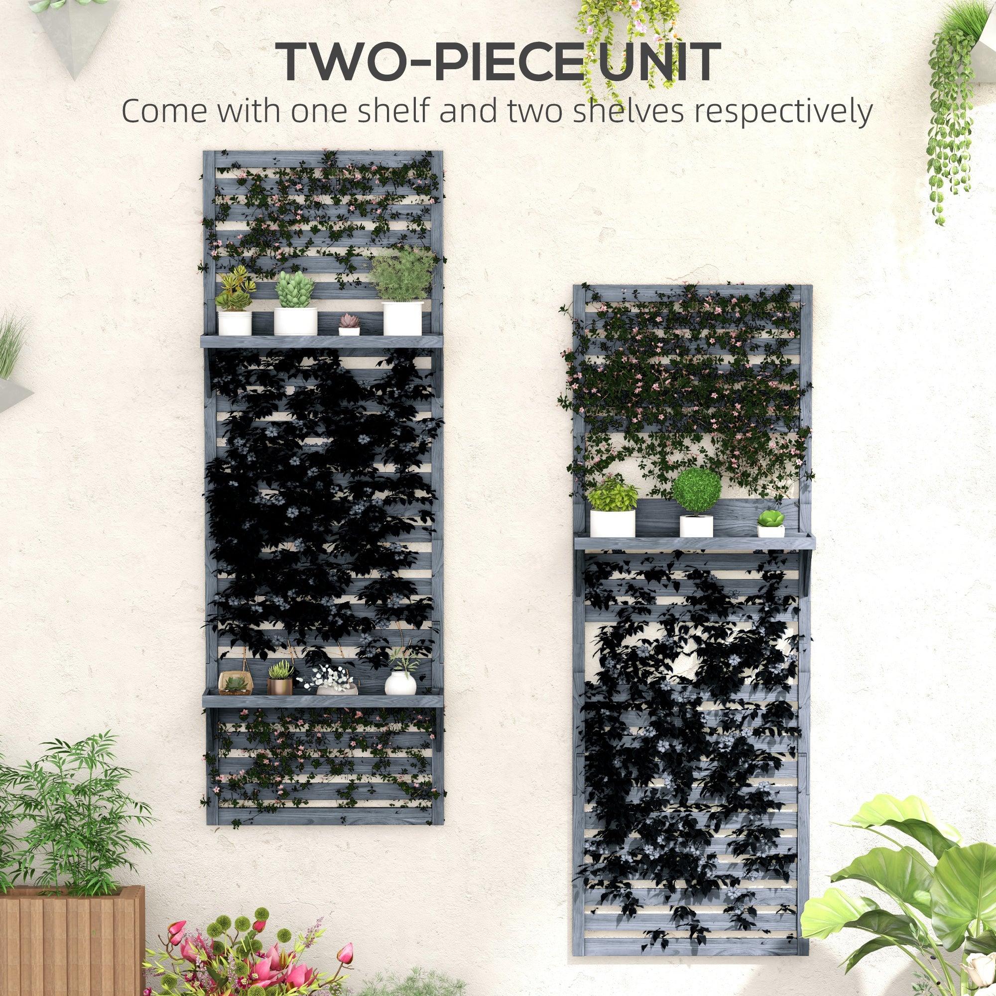 Wall Mounted Plant Stands Set of 2, Fir Wood Flower Stand with Shelves and Slatted Trellis for Patio, Balcony, Porch