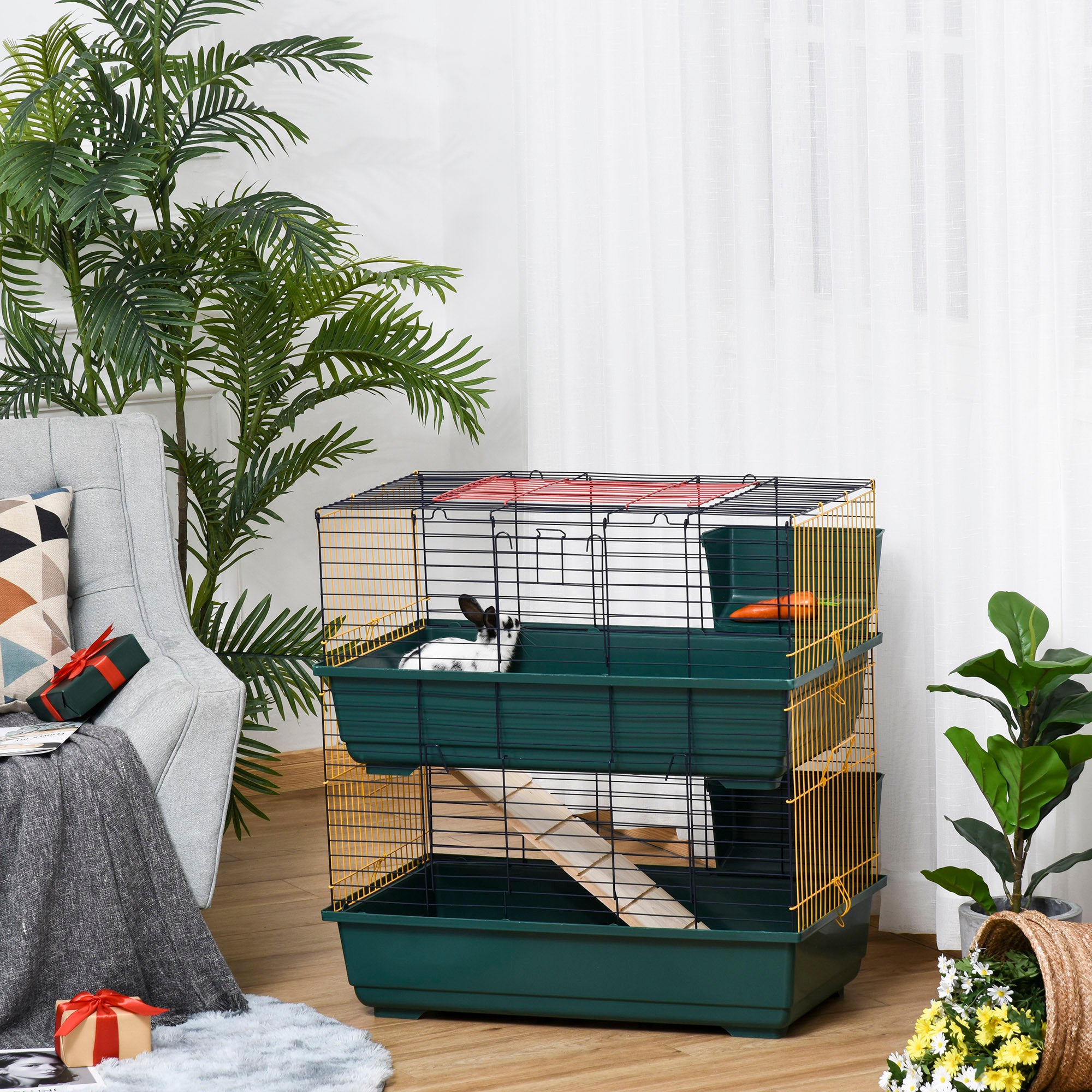 Small Animal Cage Habitat with Accessories 3 Openable Doors 2-Story Large Pet Play House for Chinchillas Puppy Guinea Pig 80 x 44 x 82 cm