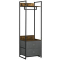 Clothes Rail Metal Coat Stand with 2 Fabric Drawers Single Wardrobe - Rustic Brown Grey