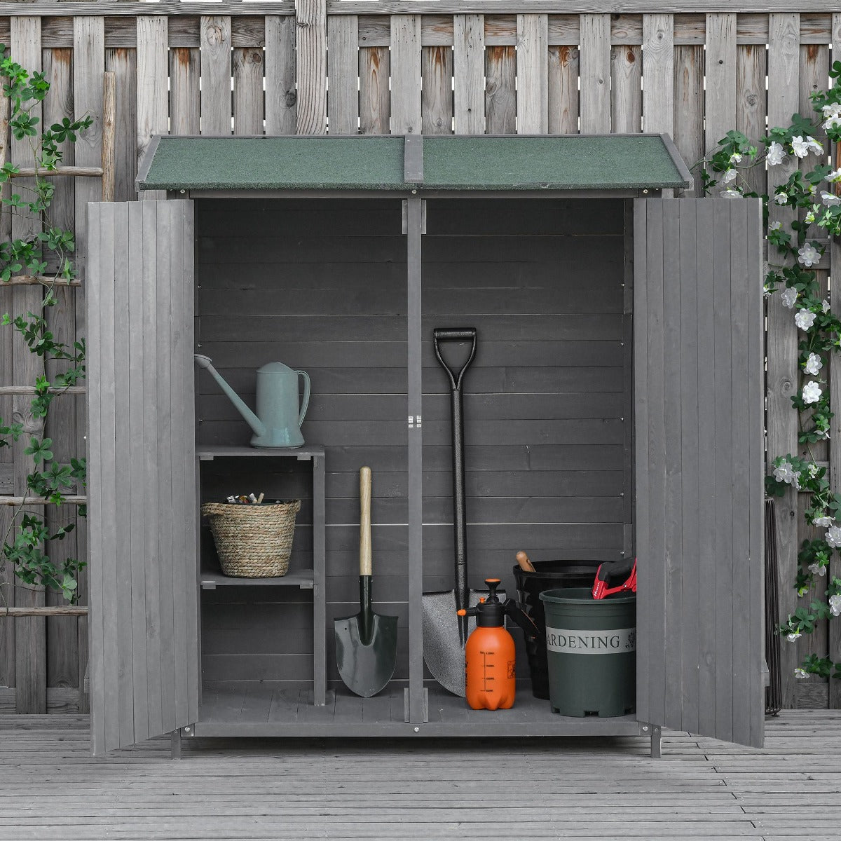 Wooden Garden Storage Shed Lockable Tool Cabinet Organizer w/ Storage Table, Double Door, 139 x 75 x 160 cm, Grey