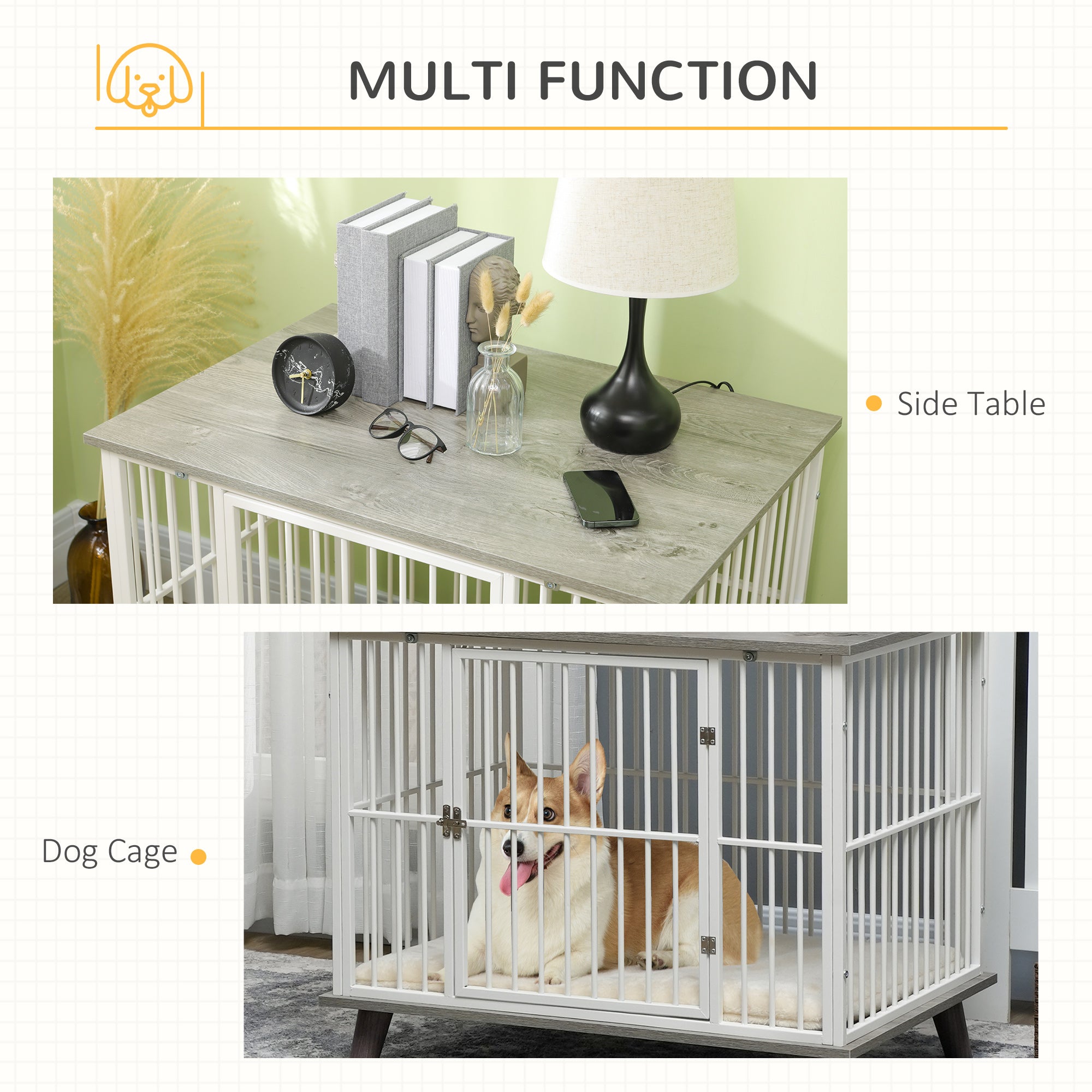 Dog Crate Furniture, Indoor Pet Kennel Cage, Top End Table w/ Soft Cushion, Lockable Door, for Small Dogs, 86 x 60 x 70 cm - Grey