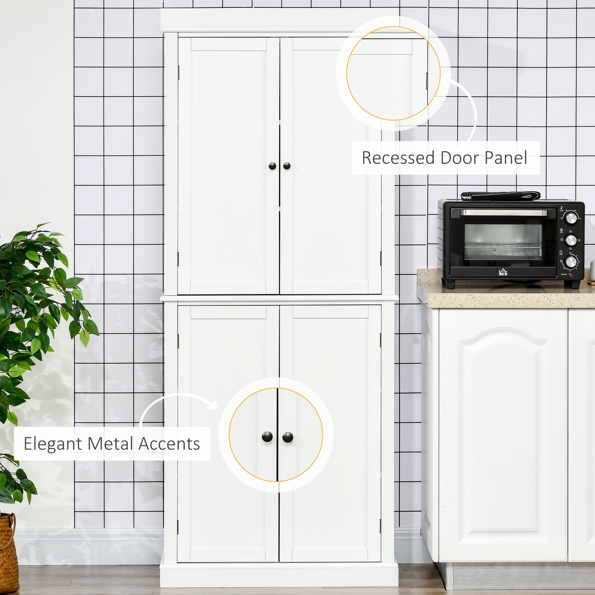 Freestanding Kitchen Cupboard with 4 Doors, 6-Tier and Adjustable Shelves - White