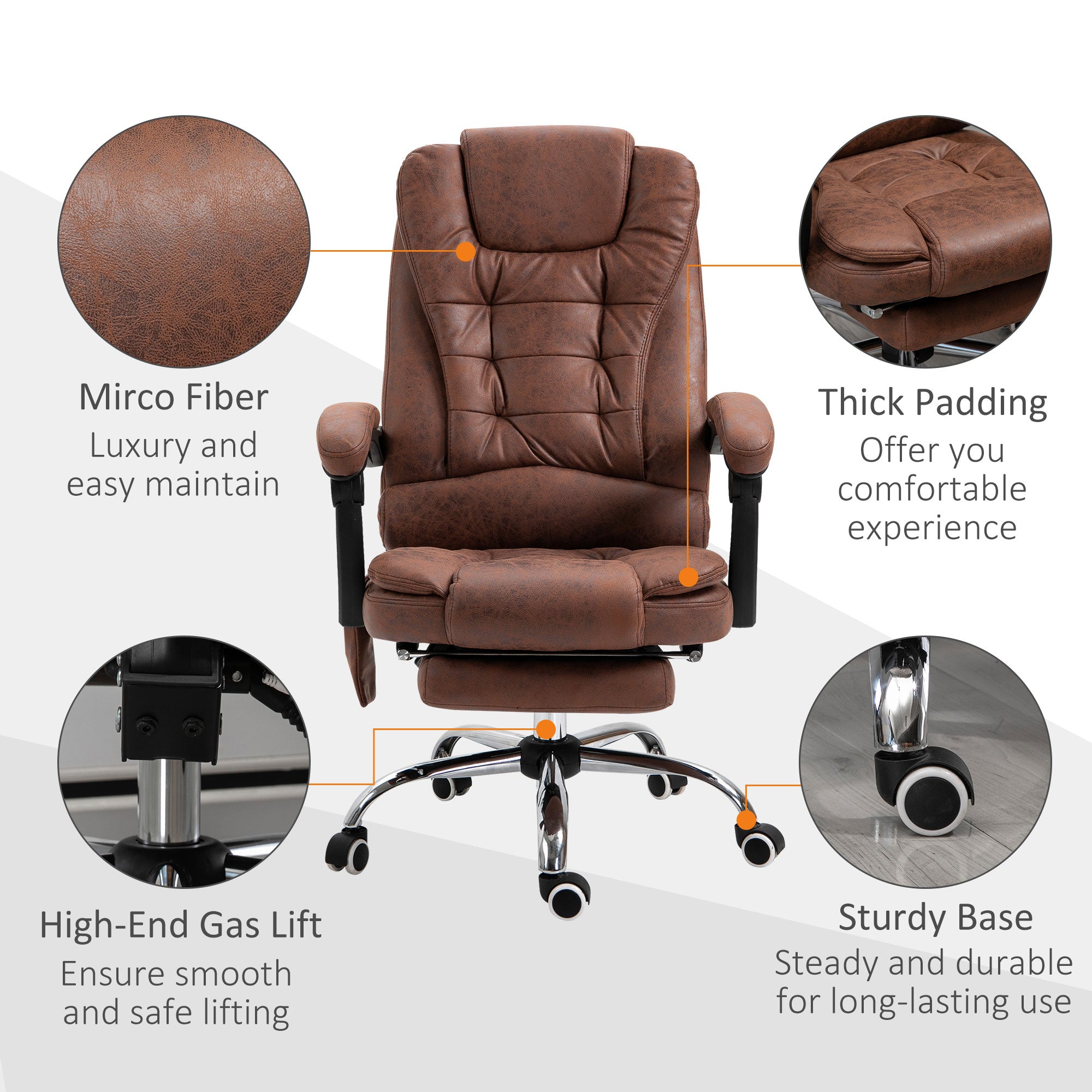 Heated 6 Points Vibration Massage Executive Office Chair Adjustable Swivel Ergonomic High Back Desk Chair Recliner with Footrest Brown