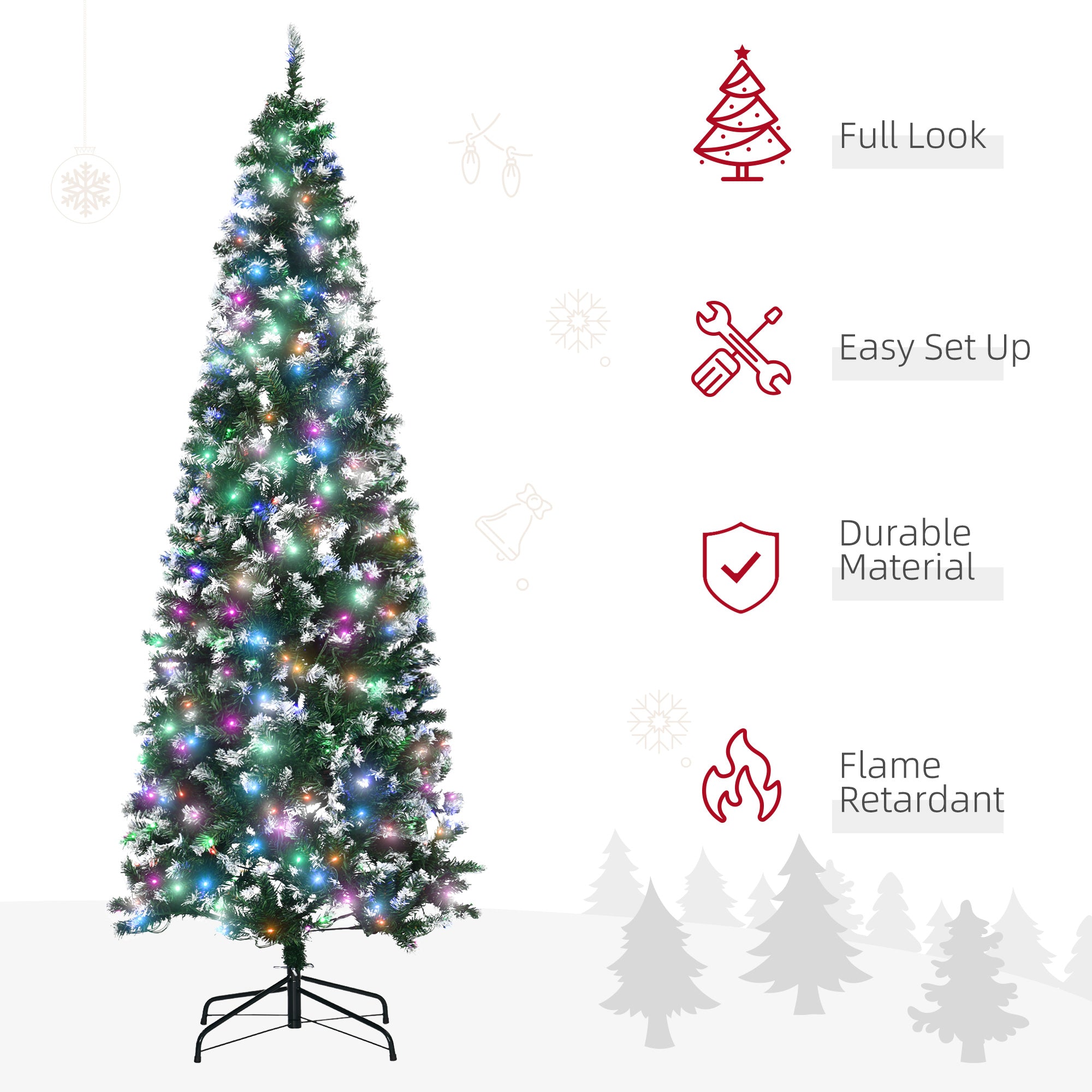 7' Tall Prelit Pencil Slim Artificial Christmas Tree with Realistic Branches, 350 Colourful LED Lights and 818 Tips, Xmas Decoration, Green