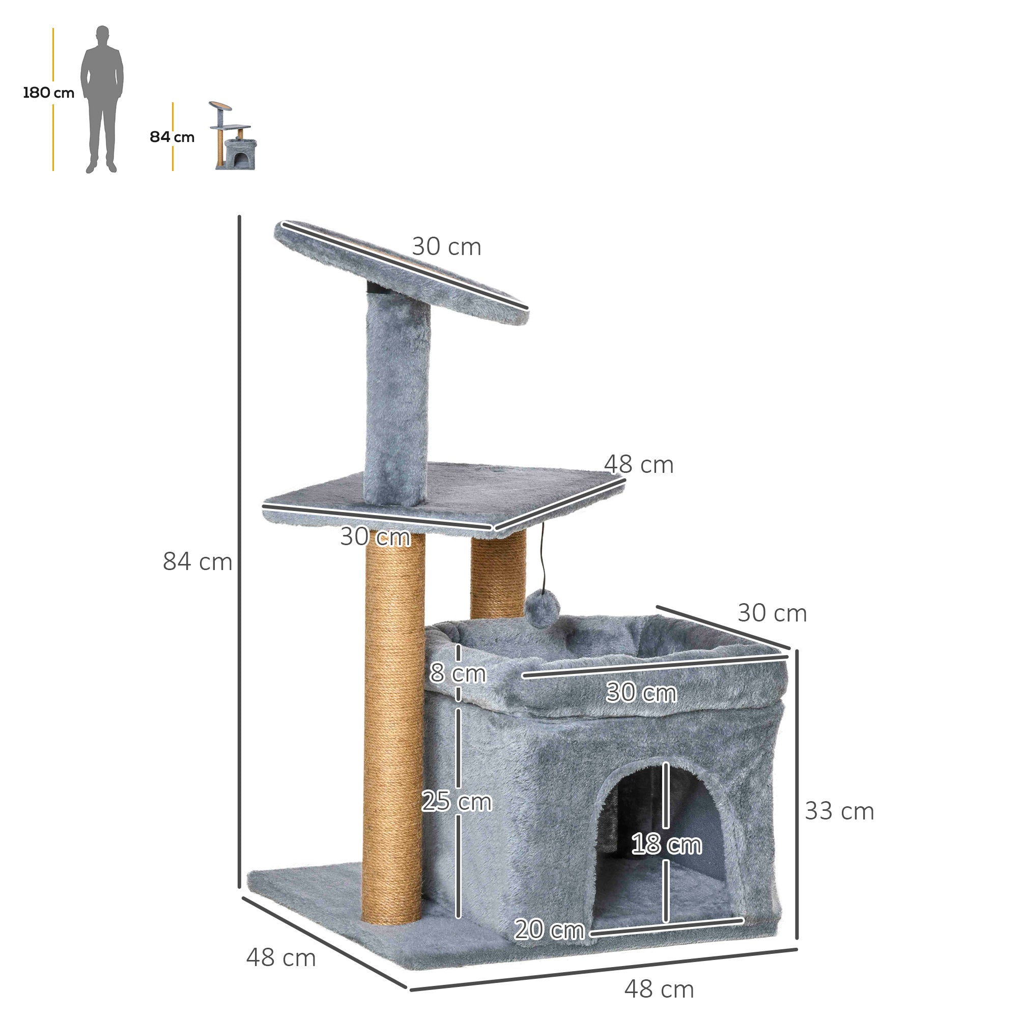 Cat Tree Tower Kitten Activity Center with Scratching Posts Pad Condo Perch Bed Interactive Ball Toy 48 x 48 x 84cm, Grey