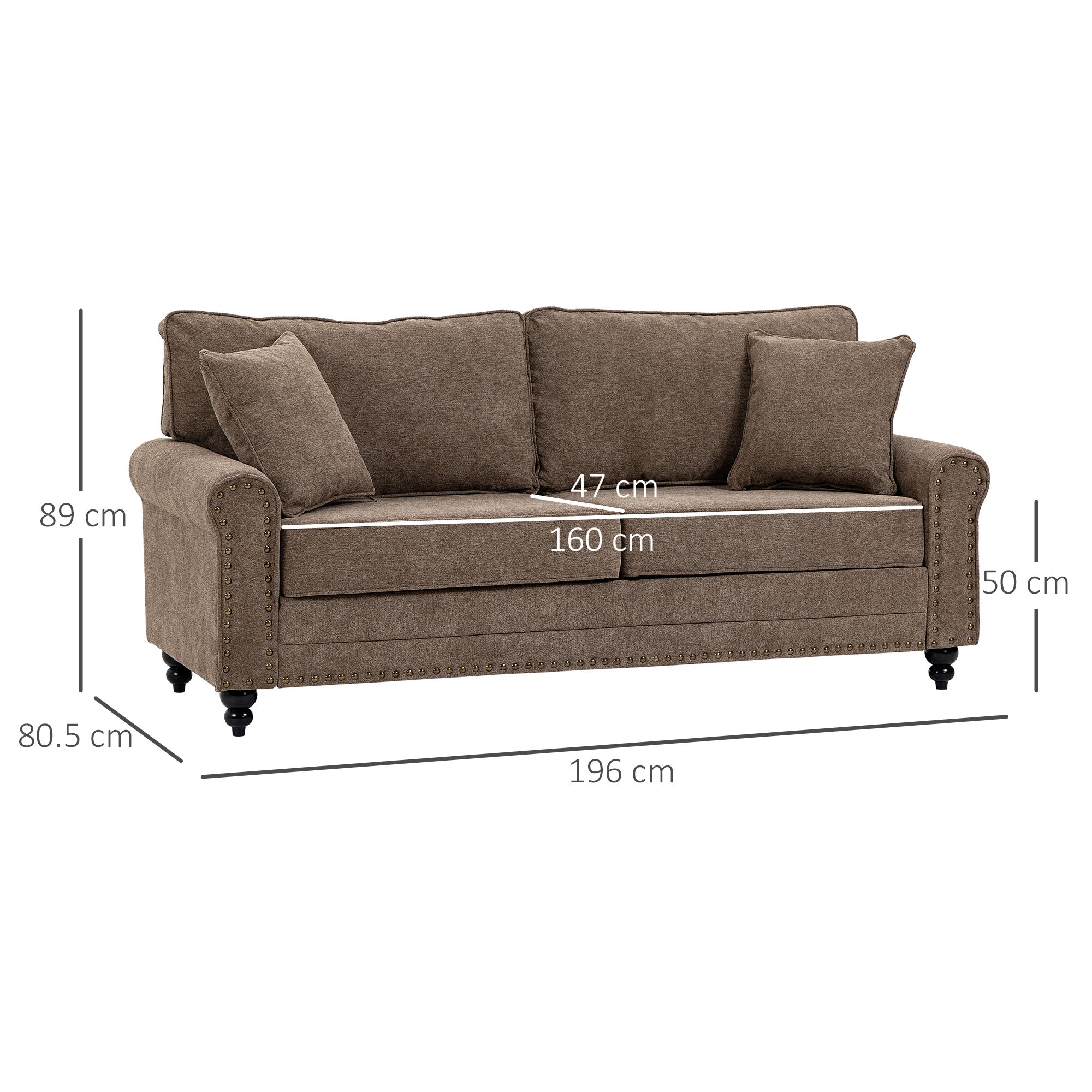 2 Seater Sofas for Living Room, Fabric Sofa with Nailhead Trim, Loveseat with Cushions and Throw Pillows, Brown