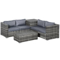 6PC 4-Seater Rattan Corner Sofa Set with Storage Coffee Table & Cushions - Grey